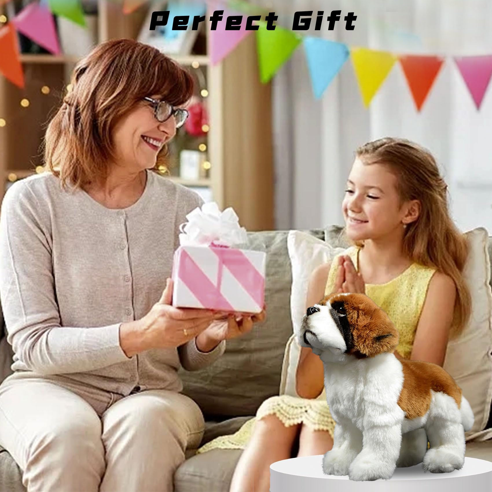 Tiny Heart Saint Bernard dog Stuffed Animal 26cm/10” Realistic Saint Bernard dog Puppy Plush Toy Lovely Cute Soft Gifts for Kids Bedtime Companion Plushie Collection Interactive Play brown - Image 4