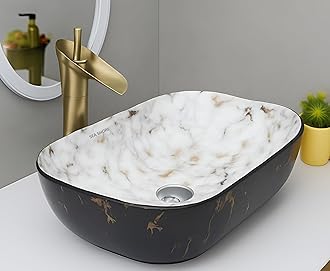 SEA SHORE Modern Black & White Gold Ceramic Table Top Sink – Slim Rim Over Counter Wash Basin (18 x 13 x 5.5 Inch)