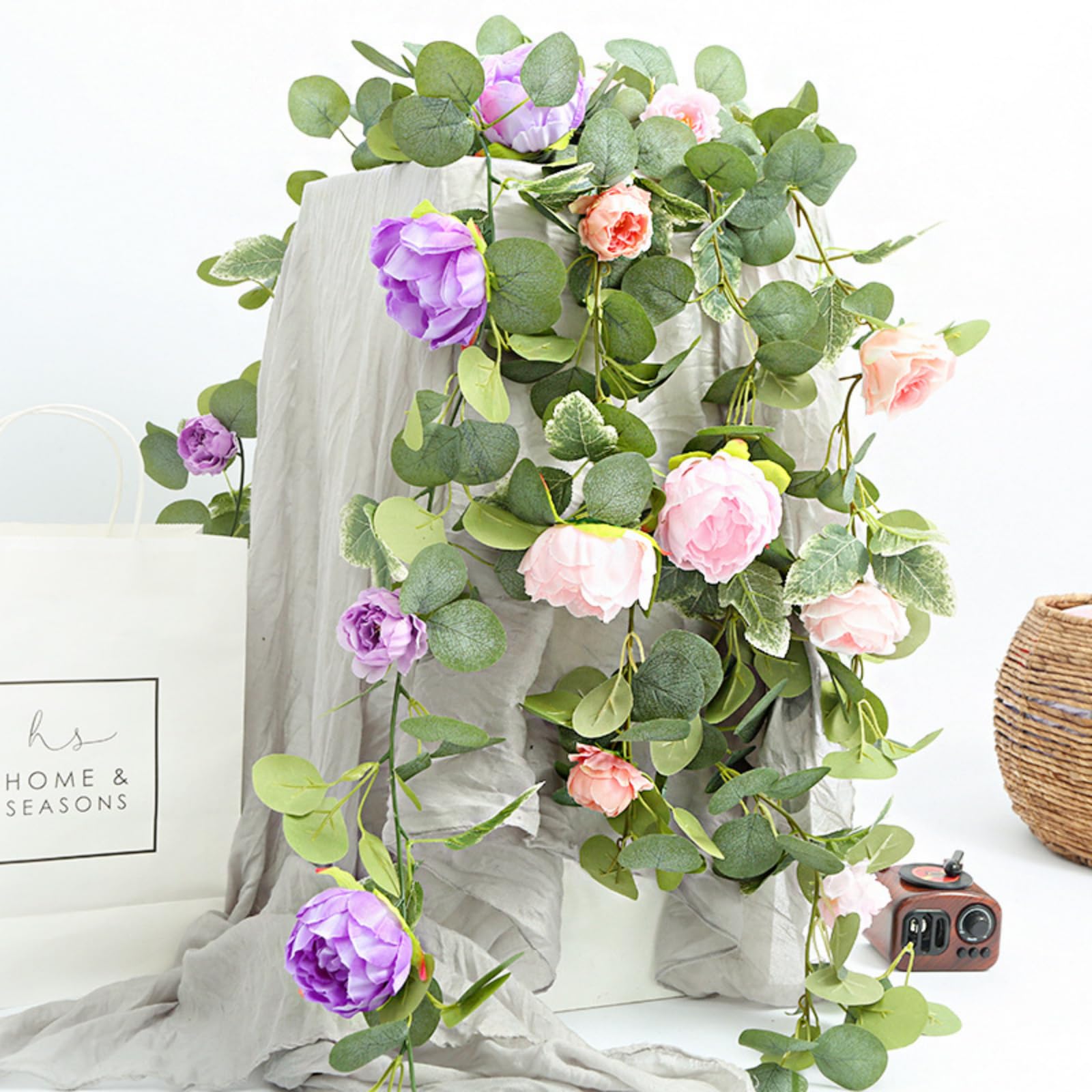 Eukalyptus Seiden Rosen Pfingstrosen Girlande Deko, Blumengirlande Eukalyptus Girlande Vintage Gefälschte Blume Pfingstrose Für Klimaanlage Decke Wohnzimmer Hochzeit Feste (Weiß,3 Stück)
