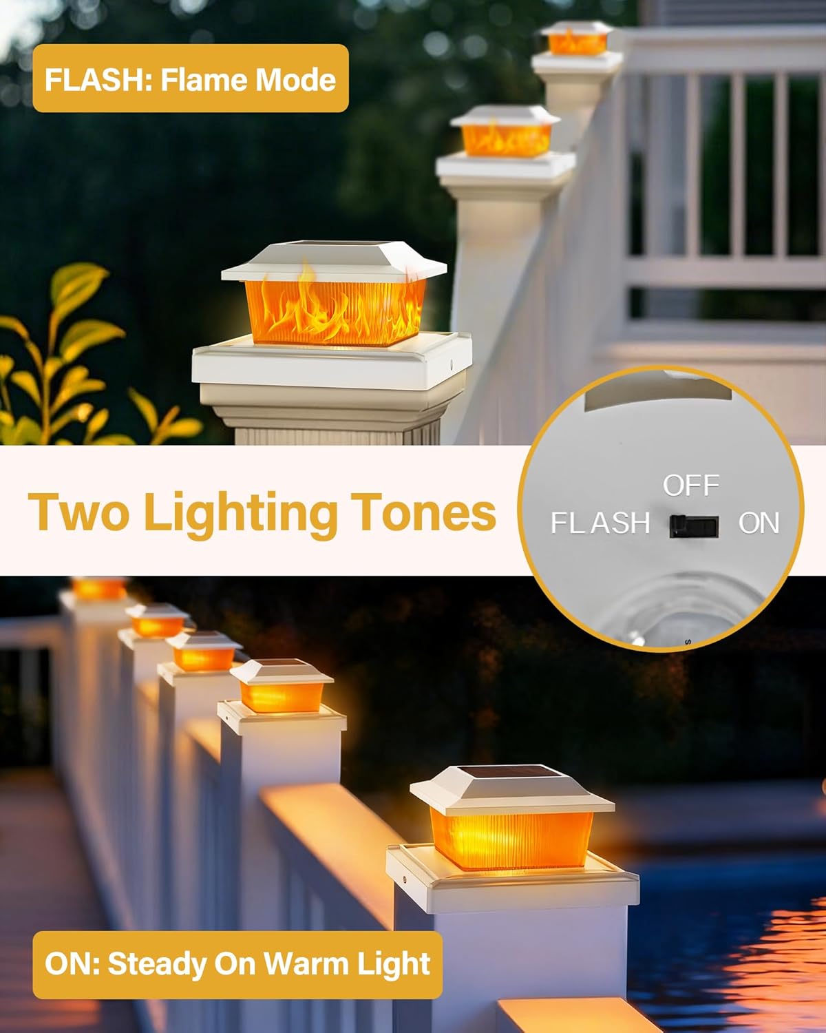 Solar Post Cap Lights Outdoor for 3.5x3.5 4x4 5x5 Wood/Vinyl Posts, 8 Pack Fence Post Solar Lights with Flickering Flame & Warm Modes for Deck/Garden/Patio, IP65 Waterproof - White