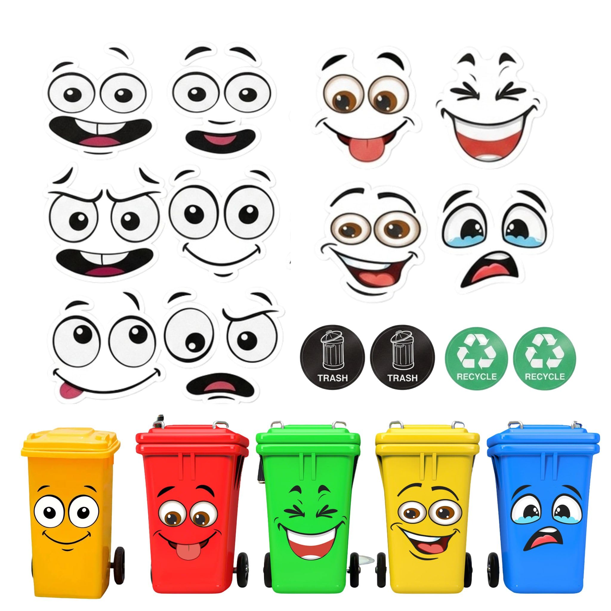 12 Pcs Funny Wheelie Bin Stickers, Cute Cartoon Face Decals for Trash Cans