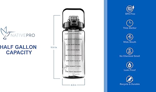 Miniatura 3 de NATIVEPRO Botella de agua de medio galón con funda de 64 oz (2 L). Botella de agua inspiradora con popote y tiempo para beber.
