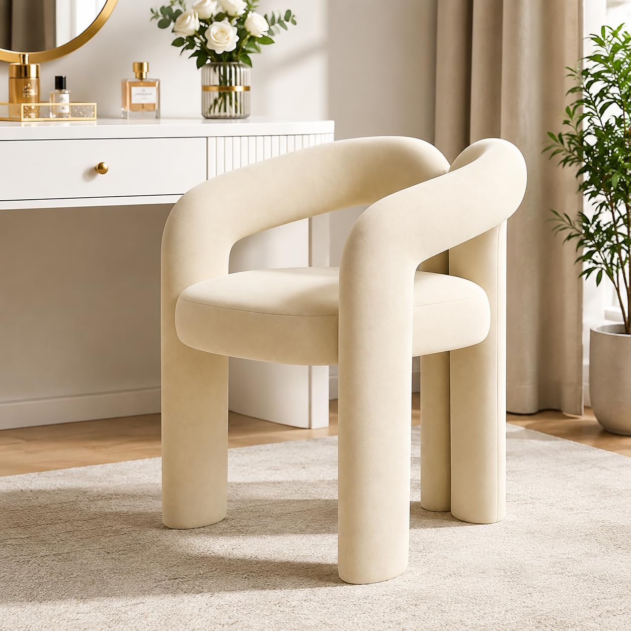 Esszimmerstuhl Samt, Moderner Armlehnstuhl mit gepolsterter (Beige) | Sitzfläche und Metallrahmen, Schminkstuhl, Polsterstuhl bis 100 kg für Esszimmer, Wohnzimmer, Schlafzimmer und Büro