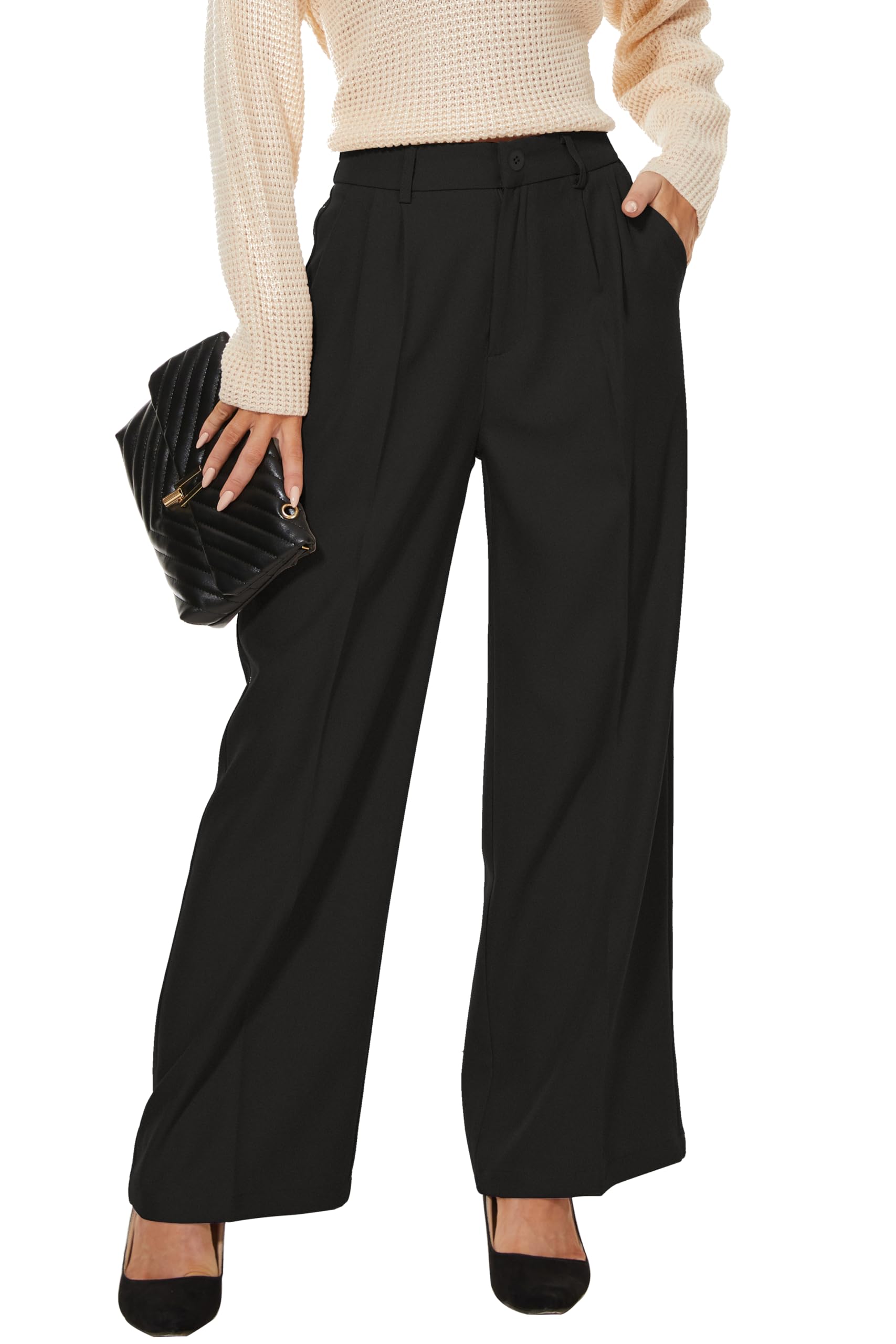 Women Office Wide High Waist Pants Loose Fit Elastic Waist Pleated Front Trousers for Work Casual