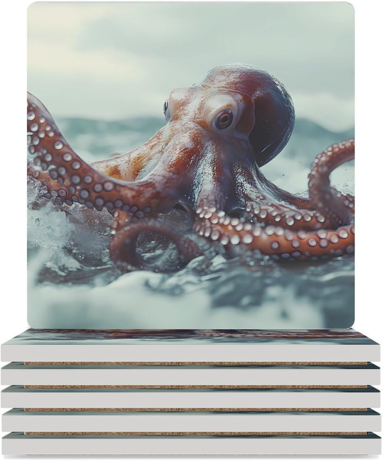 Octopus Funny Ceramic Coasters for Drinks Absorbent Cup Holder Tabletop Protector with Cork Base