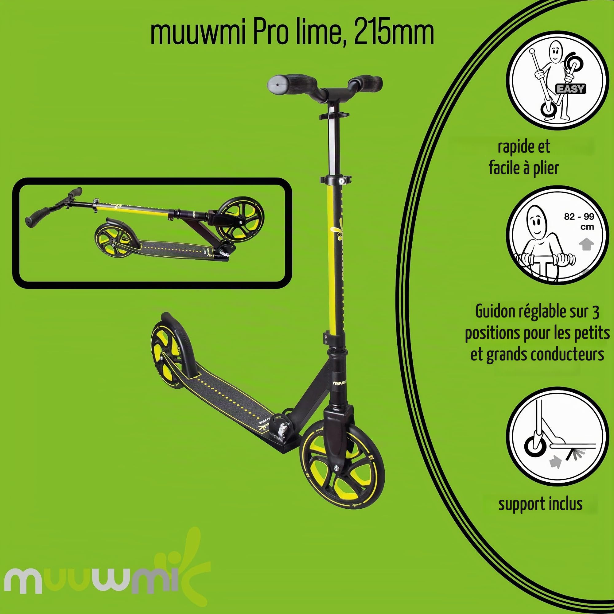 muuwmi - Trottinette Pro en Aluminium - 215 mm - ABEC 7 - Homologuée GS - Hauteur réglable - Plateau XL - Guidon BMX