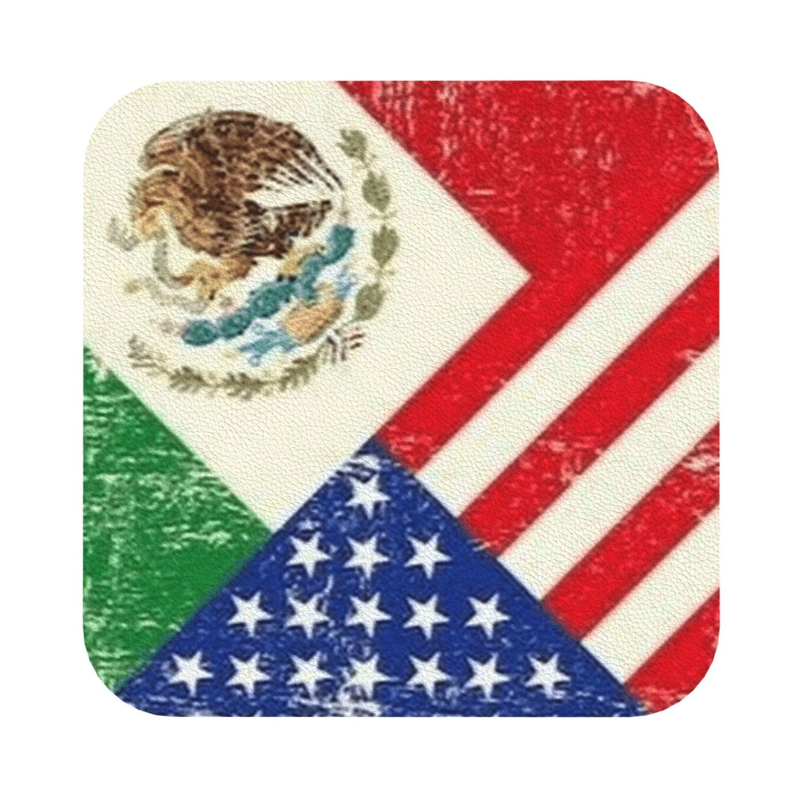 Mexican American Flag PU Leather Coasters Set of 6 Square Drink Coasters