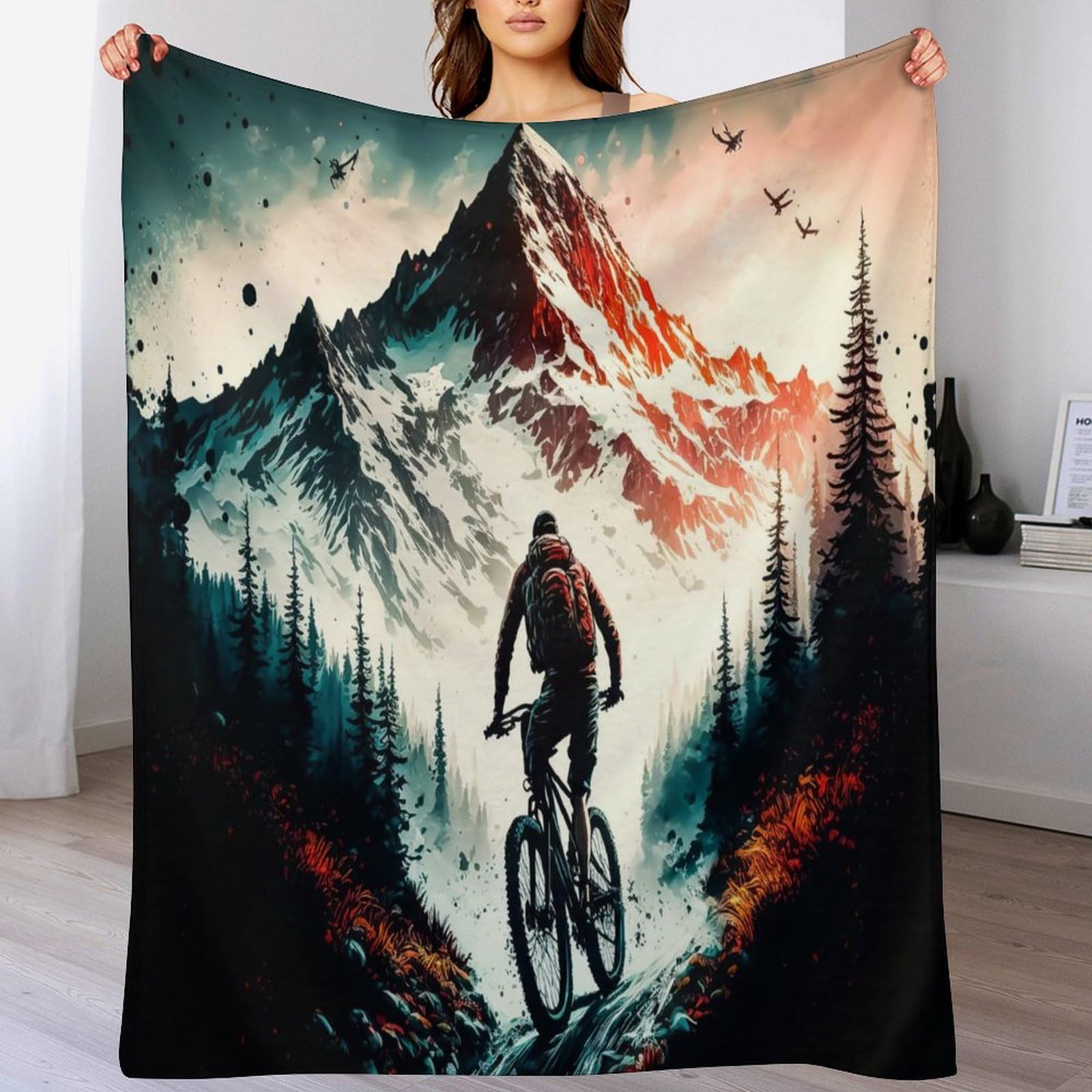 Couverture motif vélo de montagne 150x200cm plaid polaire flannel