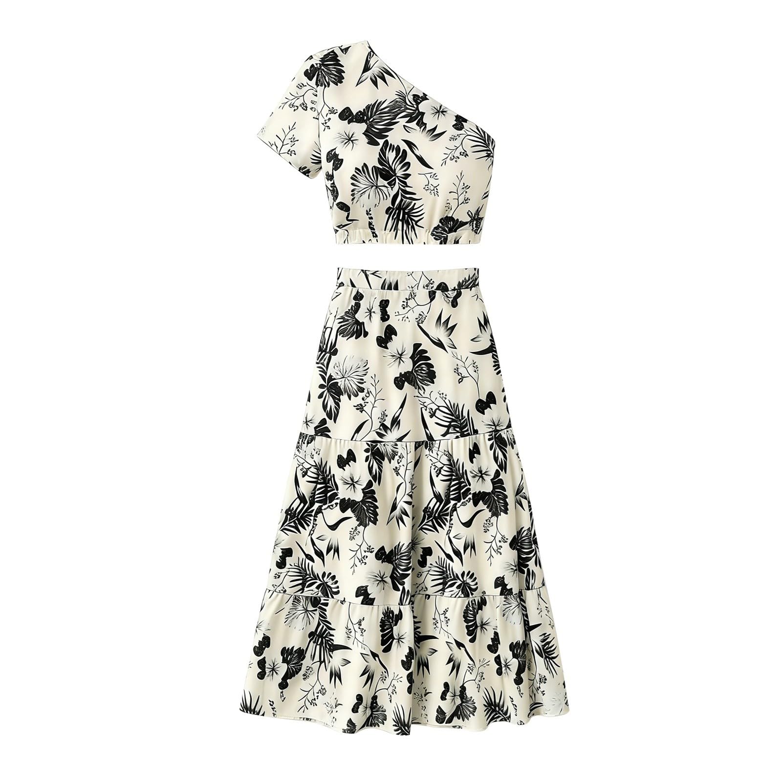 Conjunto de Dos Piezas de Camiseta y Falda con Estampado Floral y Escote asimétrico para un Look Casual. Cómoda túnica con Falda Midi fluida.