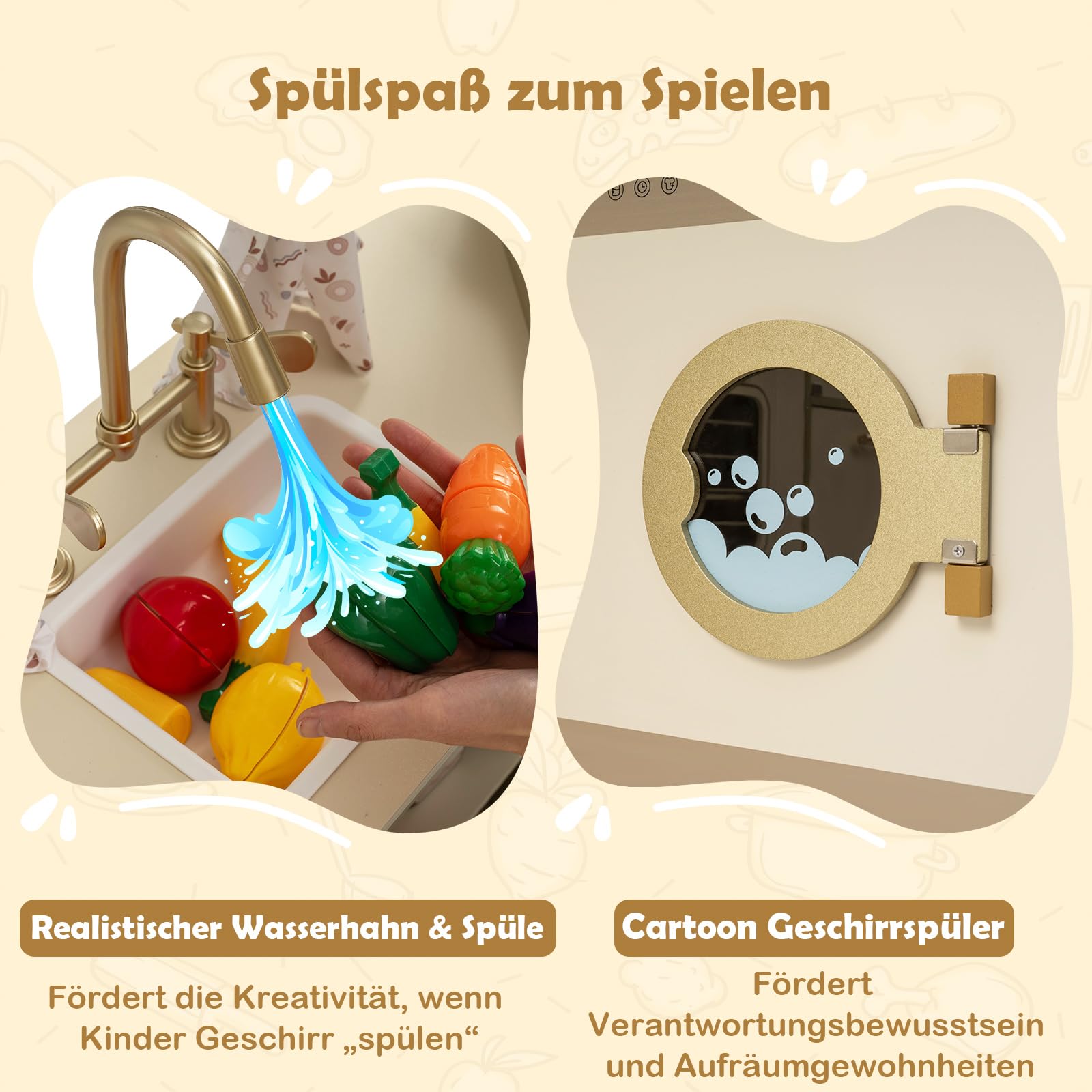 COSTWAY Kinderküche, Eck Spielküche mit Herd, Kühlschrank, Geschirrspüler, Kaffeemaschine, Mikrowelle & Toaster, Spielzeugküche mit 21 Zubehörteilen, Holzküche für Kinder ab 3 Jahren
