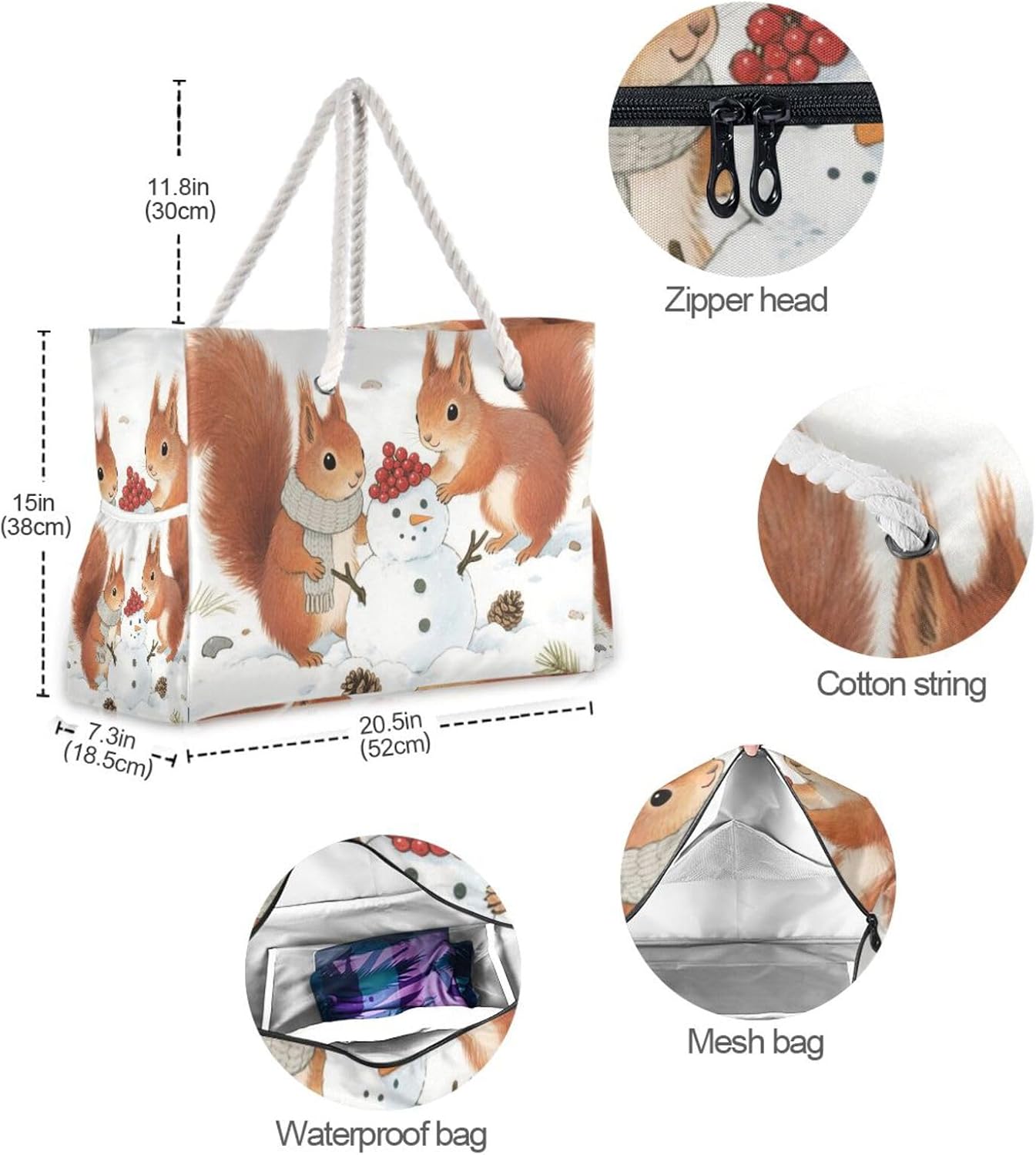 OTVEE Squirrels with Snowman Pattern Beach Bags for Women Ladies Large Canvas Tote Shoulder Bag Waterproof Travel Bags for Gym Swim Pool Camping