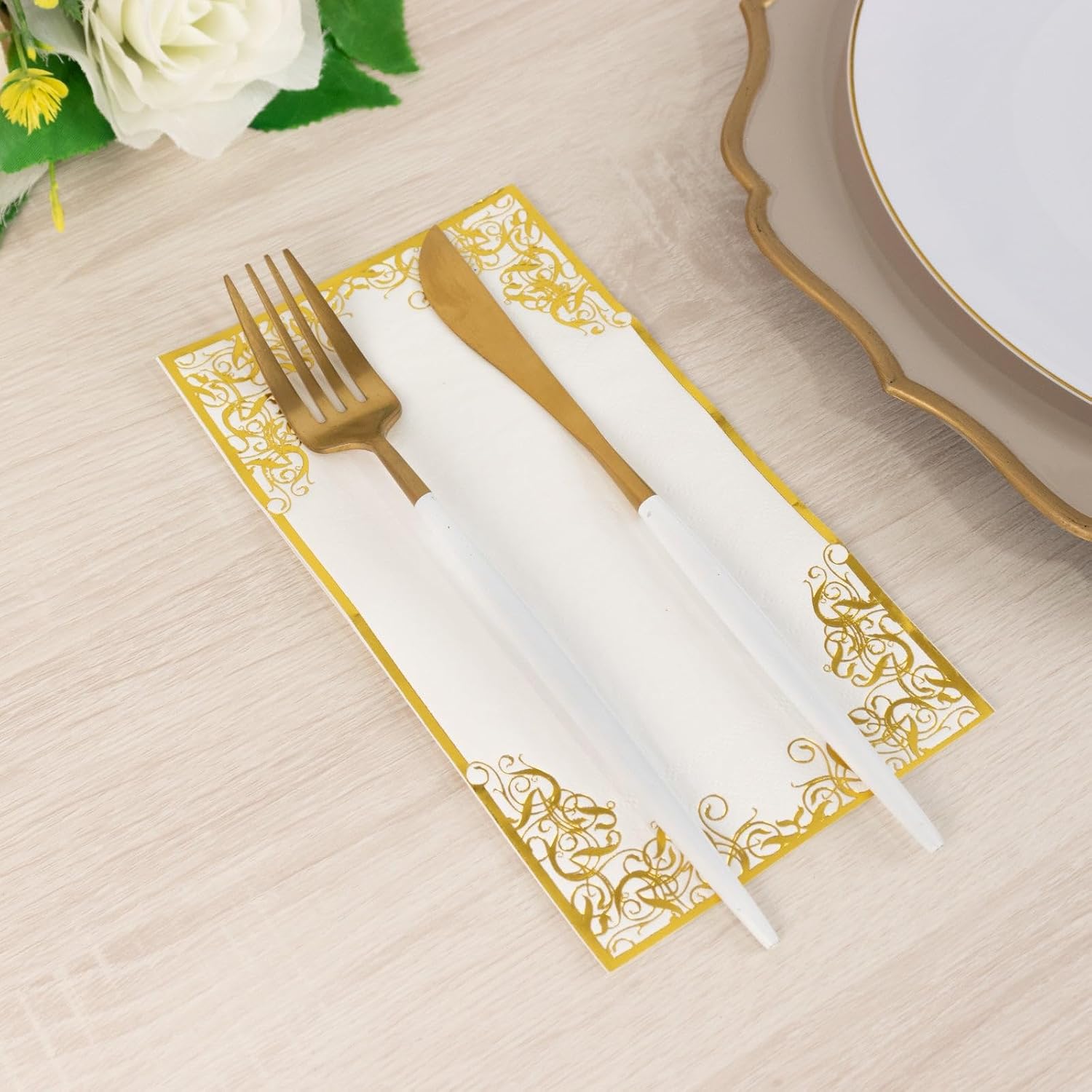 Efavormart 50 Pack White Soft Dinner Paper Napkins with Gold Foil Lace Design, 2 Ply European Style Disposable Party Napkins - 8"x4"