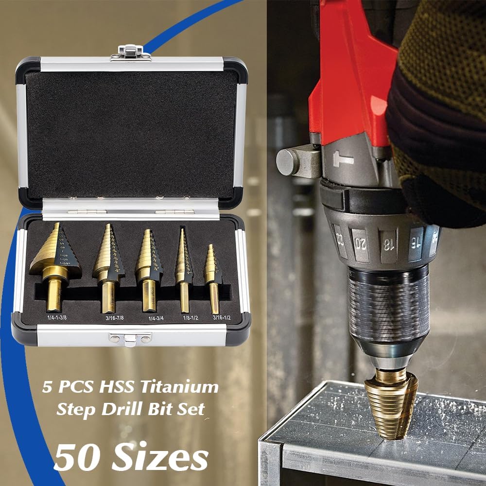 Step Drill Bit, 5PCS HSS Titanium Step Drill Bit Set, 50 Sizes (1/8" to 1-3/8"), SAE Titanium High Speed Steel Unibit, Step Drill Bit for Metal
