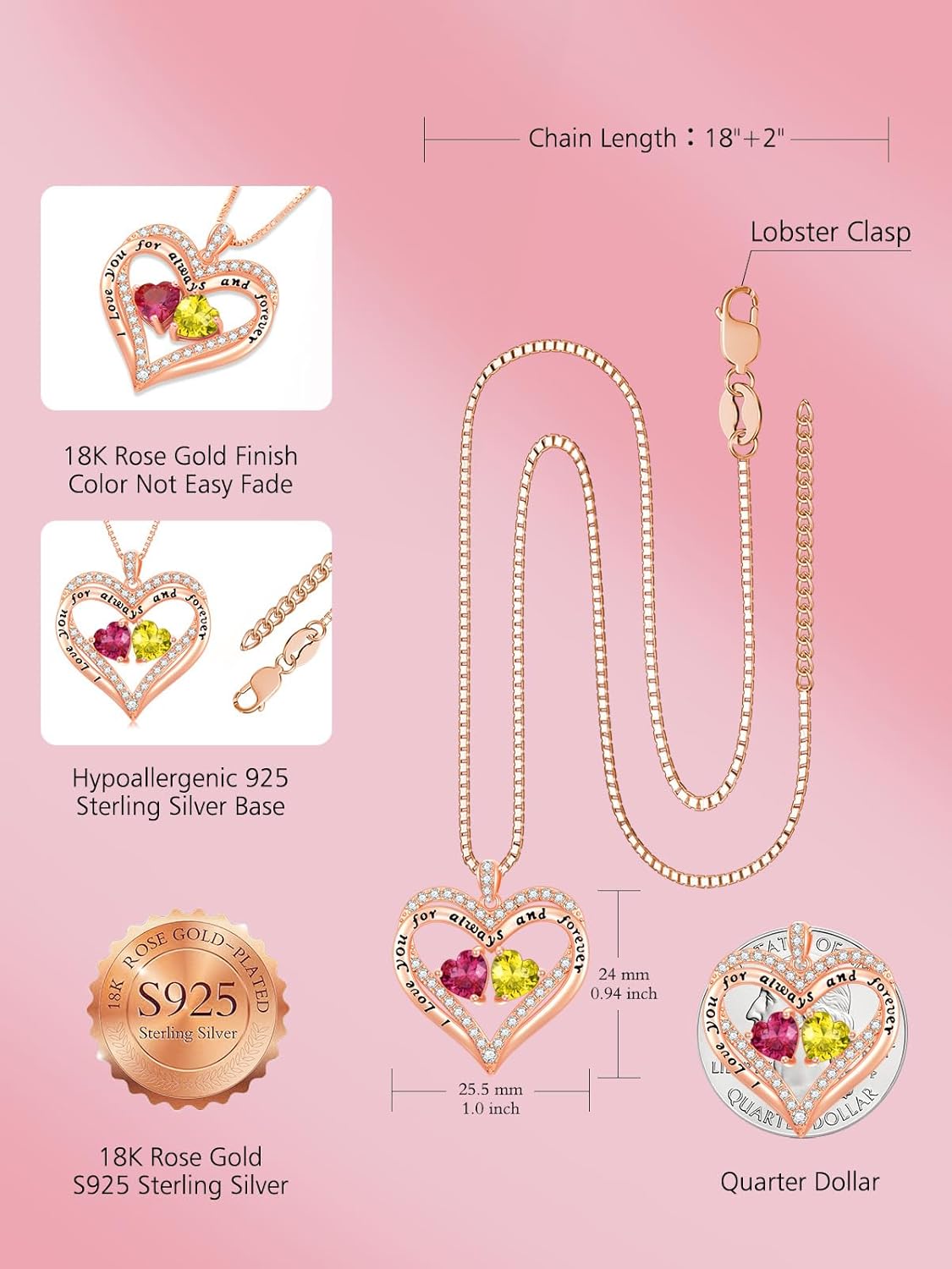 Heart Pendant Necklace I Love You for Always and Forever 12 Months Birthstone Necklace 18k Rose Gold Plated Double Heart Necklace Christams Valentine's Day, Mother's Day, Birthday - Image 2