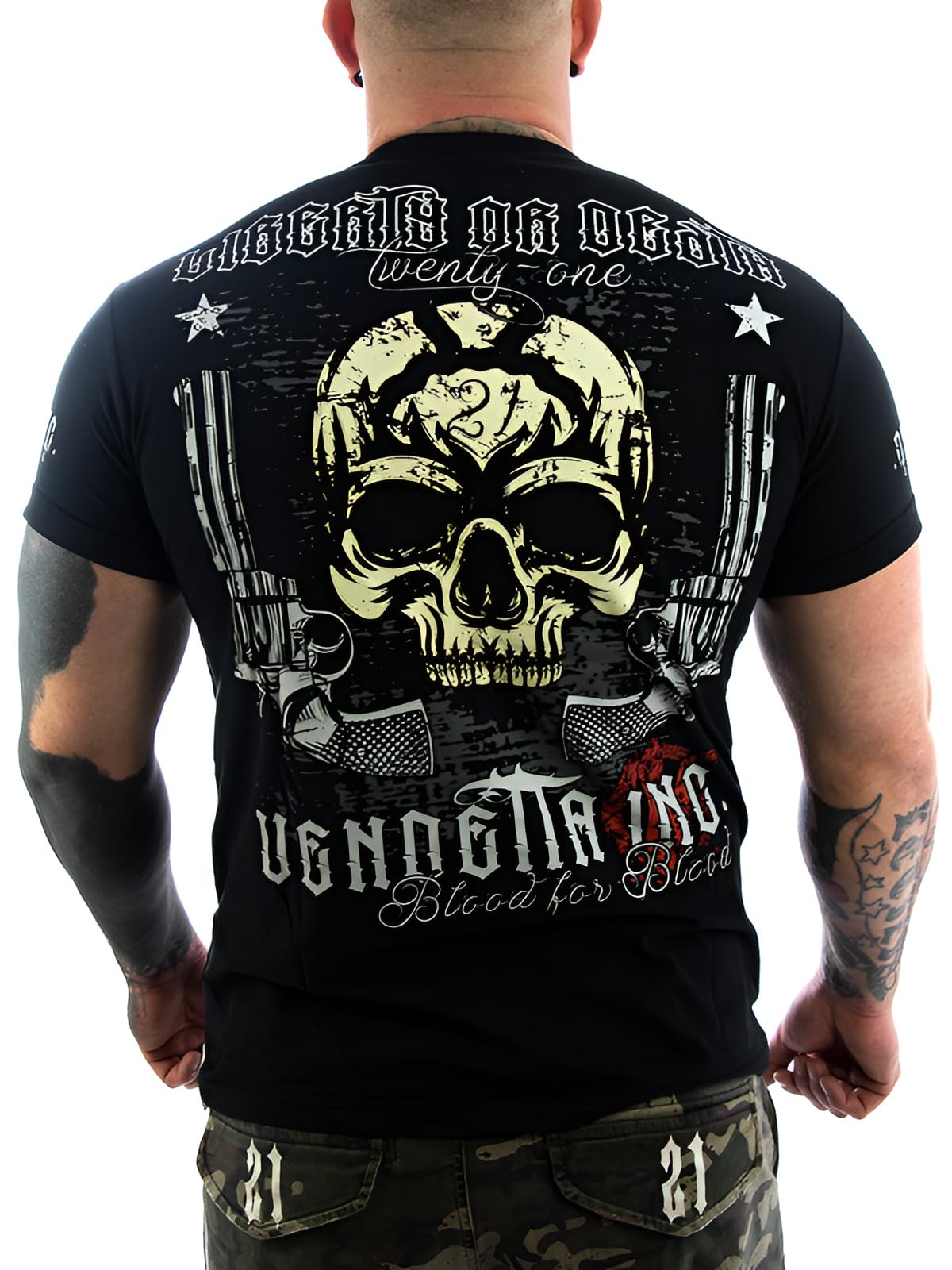 Vendetta Inc. Maglietta Uomo Liberty Or Death, T-Shirt Nera Con Stampa Teschio E Revolver, Cotone 100%
