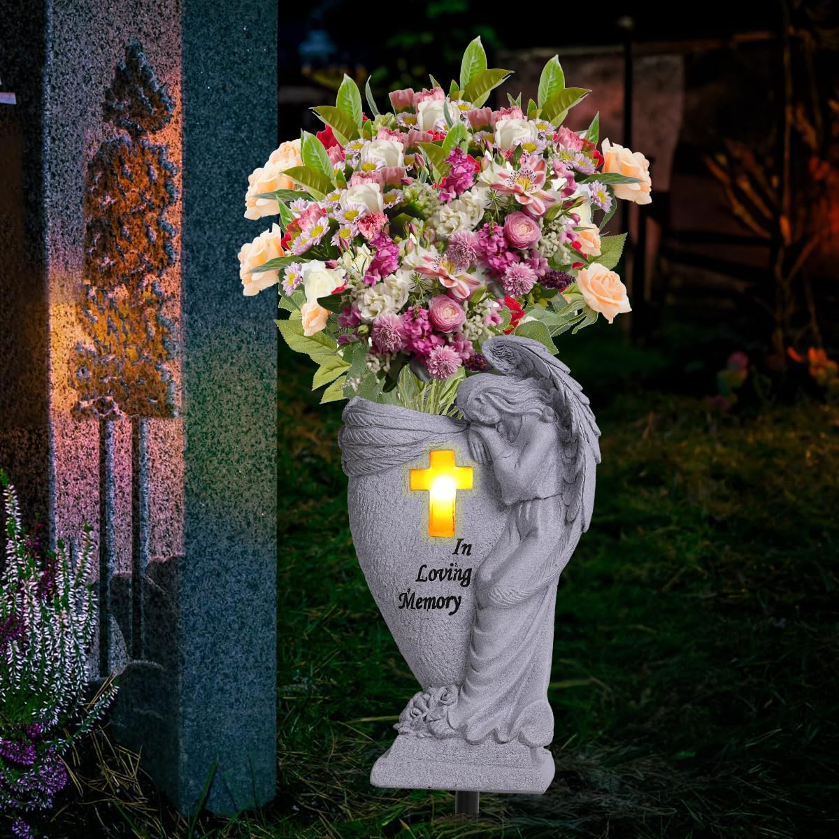Cemetery Decorations for Grave,Cemetery vases for Grave,Decoration for Graves,Garden Angel,Cemetery vase with led,Family Garden Memorial Statue Funeral Gift,Angels Solar Lights.