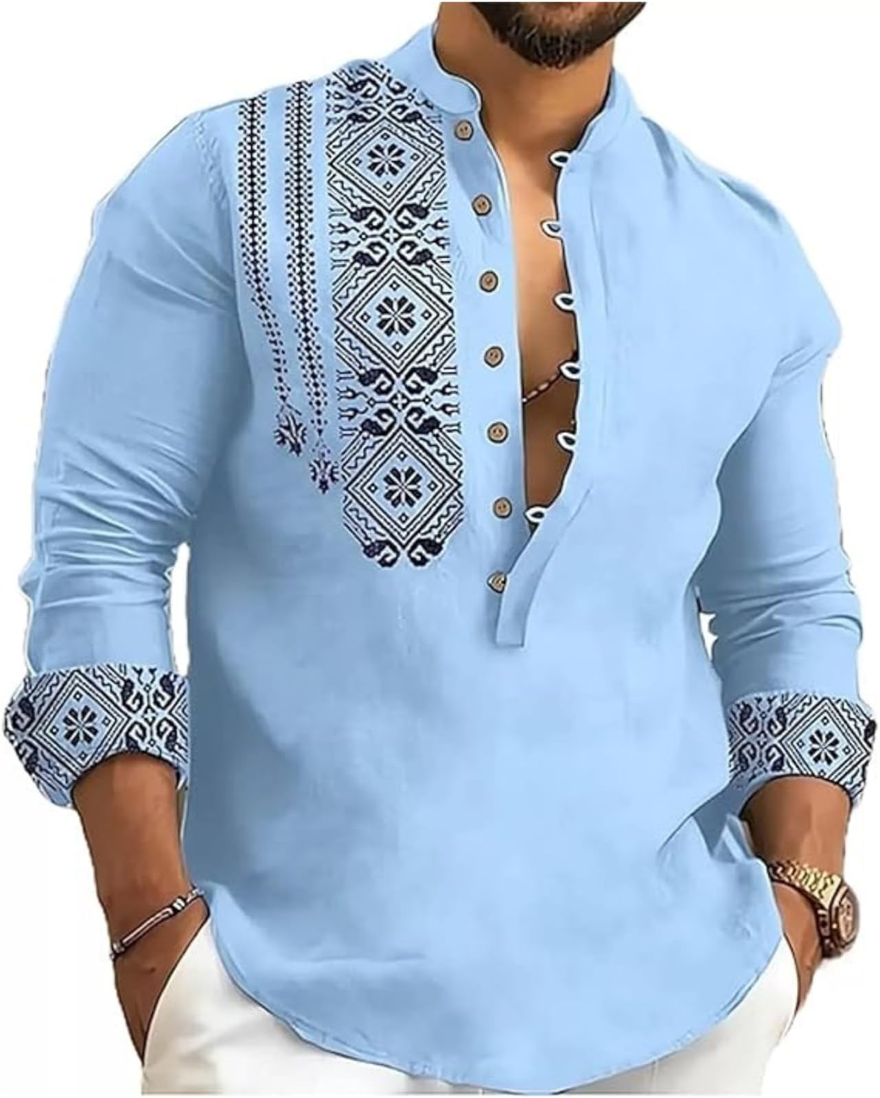 DEELMO Men's Cotton Blend Mandarin Collar Self One Design Full Sleeve Casual Short Kurta