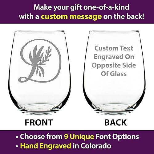 Miniatura 6 de Monogram Floral Letter D - Stemless Wine Glass - Personalized Gifts for Women and Men - Large Engraved 17 Oz Glasses
