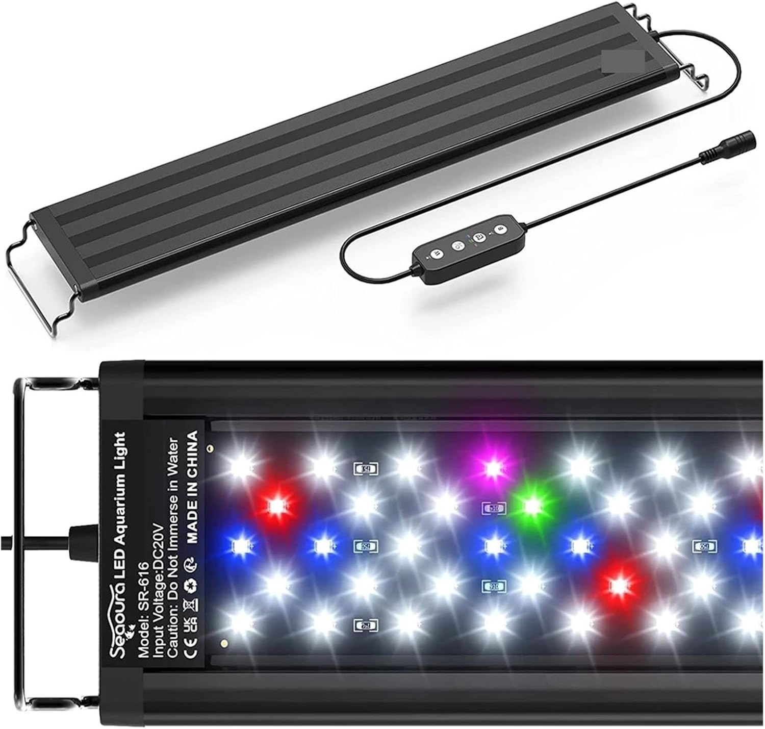 Close-up of the inline control panel for the aquarium light, showing buttons labeled W, On/Off & Brightness, Timer, and B.