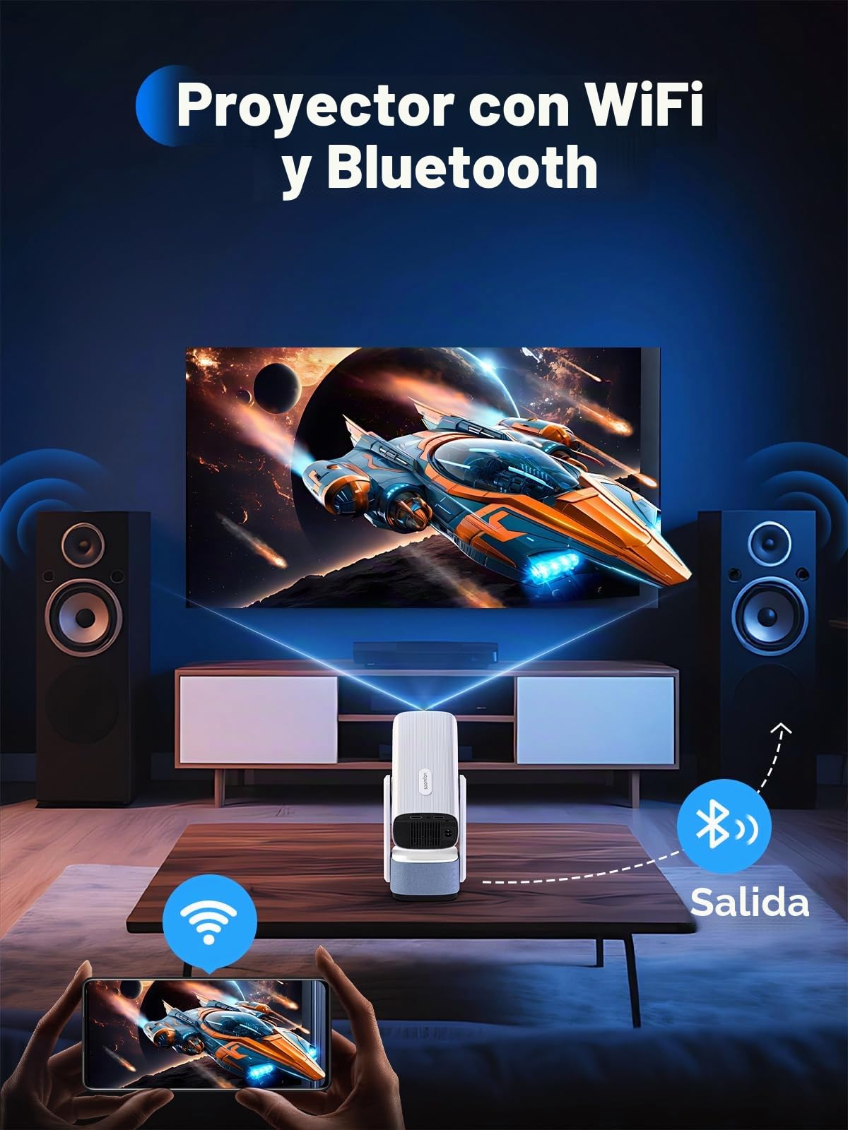 SOOMFON SK2 Mini proyector con WiFi y Bluetooth 1080P Supote Full HD | Proyector de teléfono portátil para dormitorio con altavoz, enfoque eléctrico, Keystone, compatible con TV Stick/HDMI/Laptop