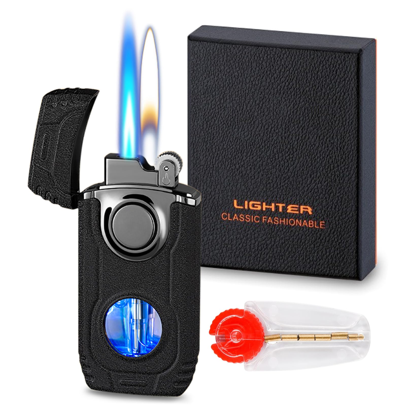 Torch Lighter, Cool Mecha Design Dual Flame Lighter, Refillable Butane Lighter with Visible Gas Window, Windproof Adjustable Jet Flame and Soft Flame, Great Gifts for Men(Without Butane)-Matte Black-image-35