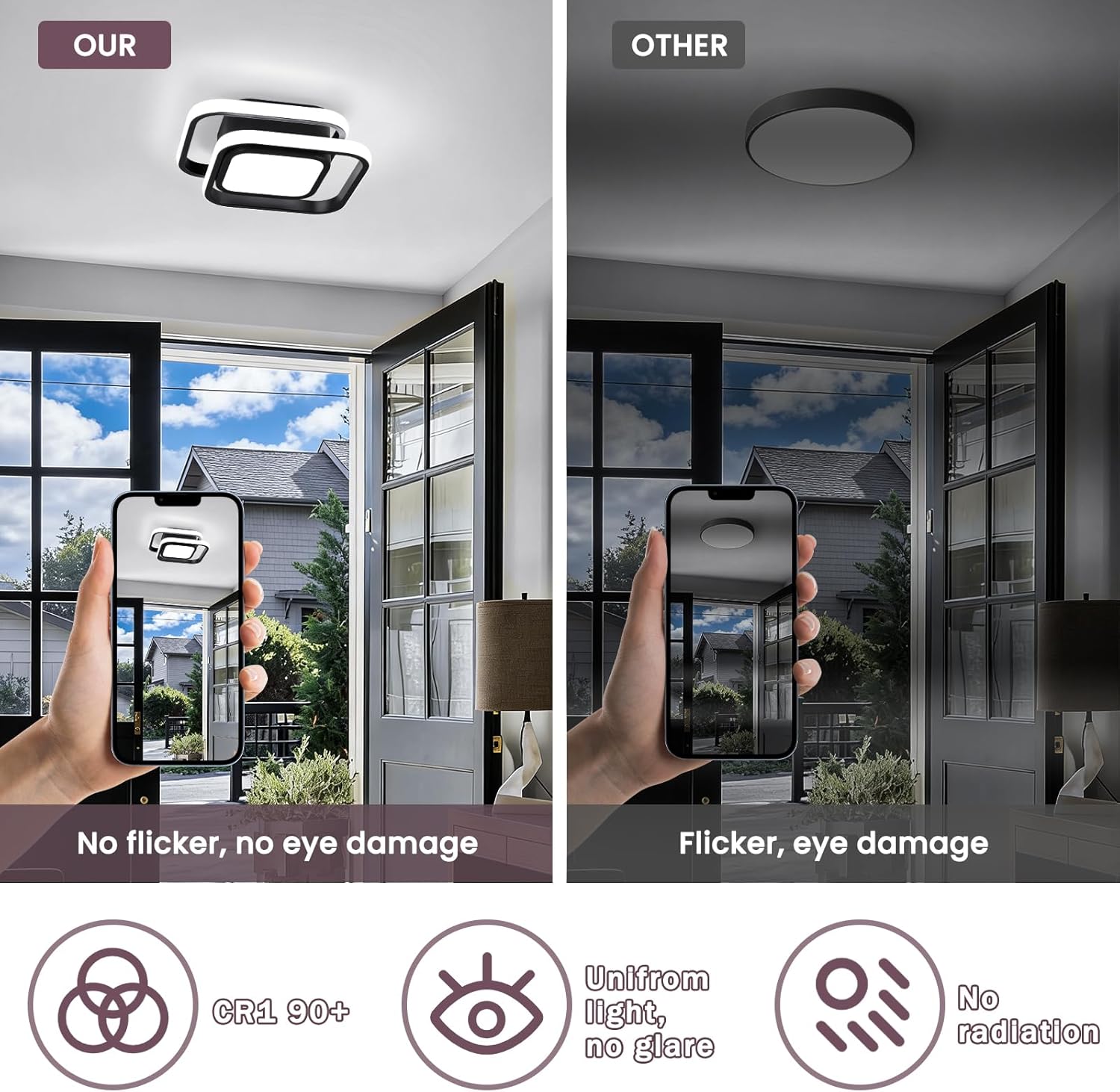 CANEOE Small Ceiling Light Modern LED Acrylic Square Ceiling Lamp Cool White 6000K Lighting Fixtures for Bedroom Kitchen Living Room Study Hallway Small Asile Lamp Corridor Lights (Black)