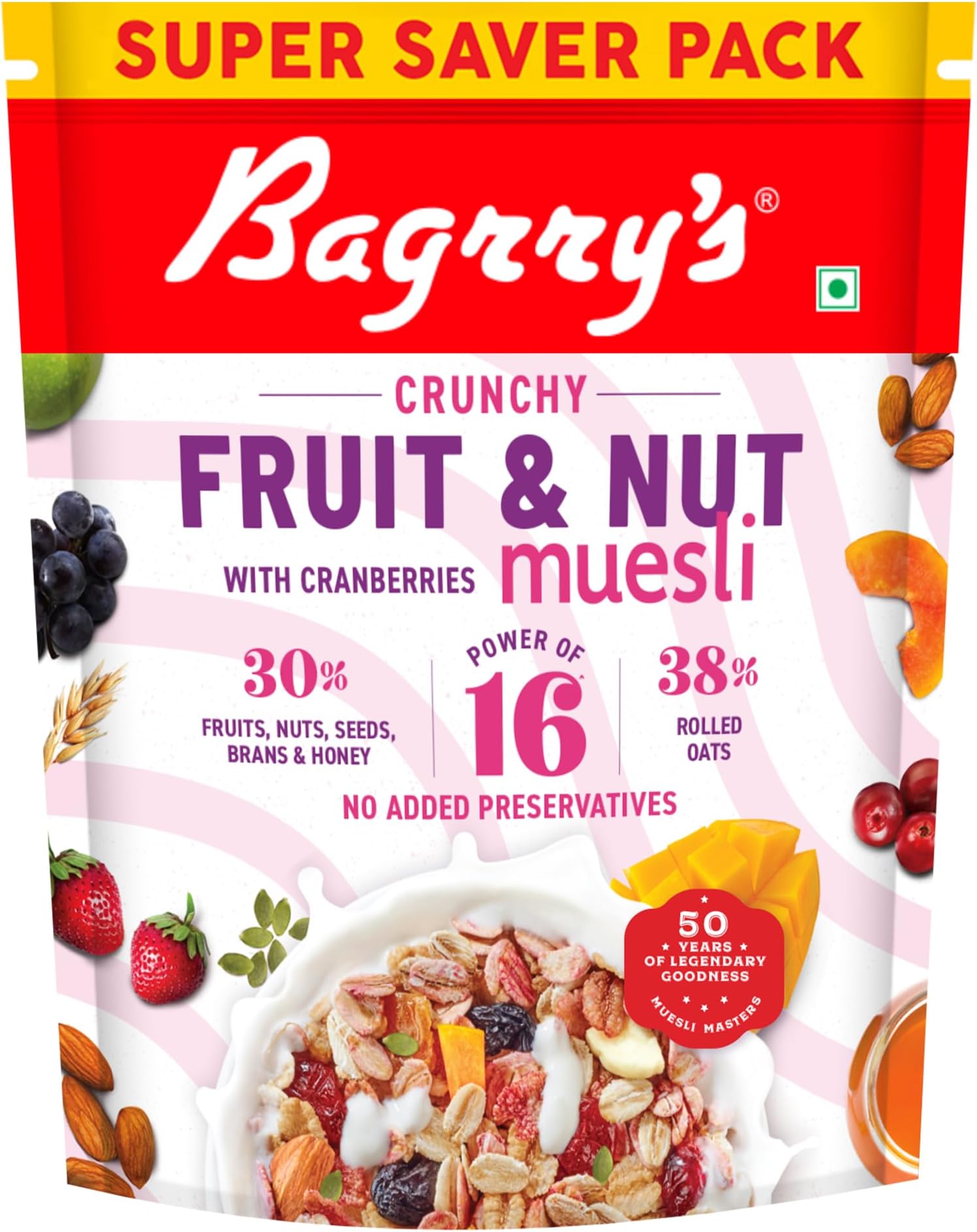 Bagrryโs Crunchy Fruit & Nut Muesli with 30% Fruits, Nuts, Seeds, Bran & Honey โ 750G | 16 Power Ingredients | Freeze Dried Fruits, Nuts, Seeds & Cranberries Muesli | No Candy | 38% Rolled Oats, No Corn flakes | Fibre & Protein Rich Breakfast Cereal | No Palm Oil | No Added Preservatives