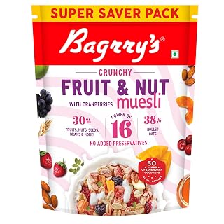 Bagrry’s Crunchy Fruit & Nut Muesli with 30% Fruits, Nuts, Seeds, Bran & Honey – 750G | 16 Power Ingredients | Freeze Dried Fruits, Nuts, Seeds & Cranberries Muesli | No Candy | 38% Rolled Oats, No Corn flakes | Fibre & Protein Rich Breakfast Cereal | No Palm Oil | No Added Preservatives