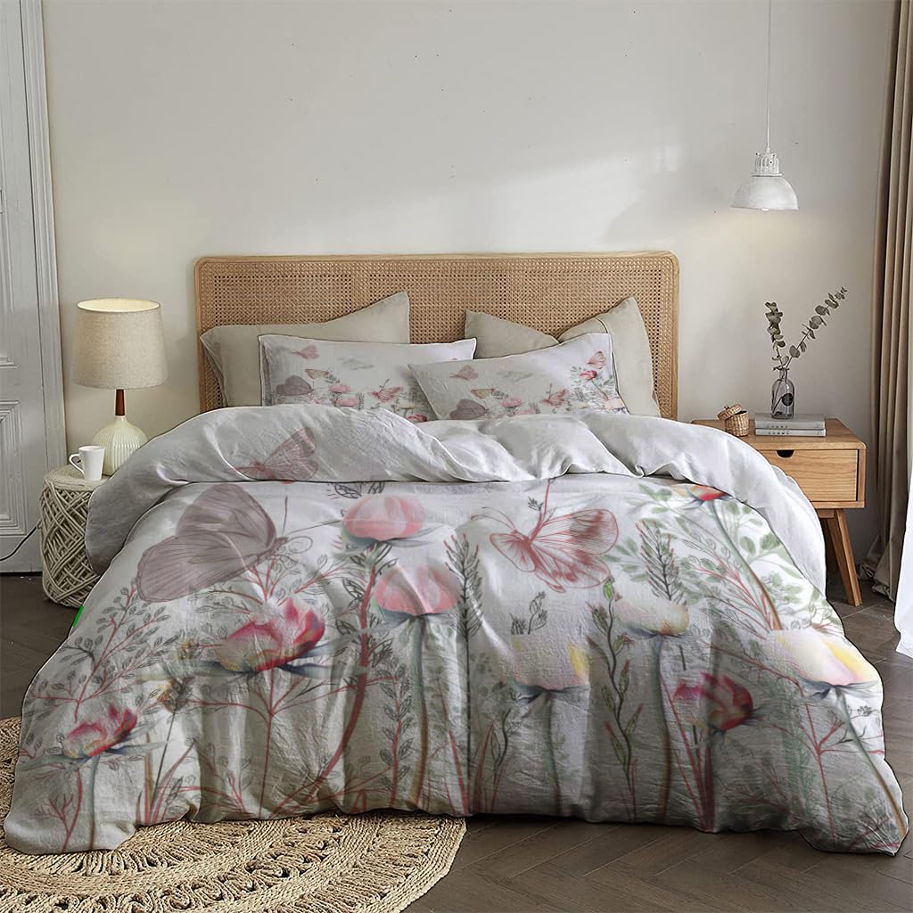 NIBAINLO 布団カバーヴィンテージスタイルの蝶と花のテーマ 肌に優しい ピーチスキン加工 掛け布団カバー 和式 洋式 あったか 布団カバーセット リバーシブル ホームステイ ホテル 家庭兼用