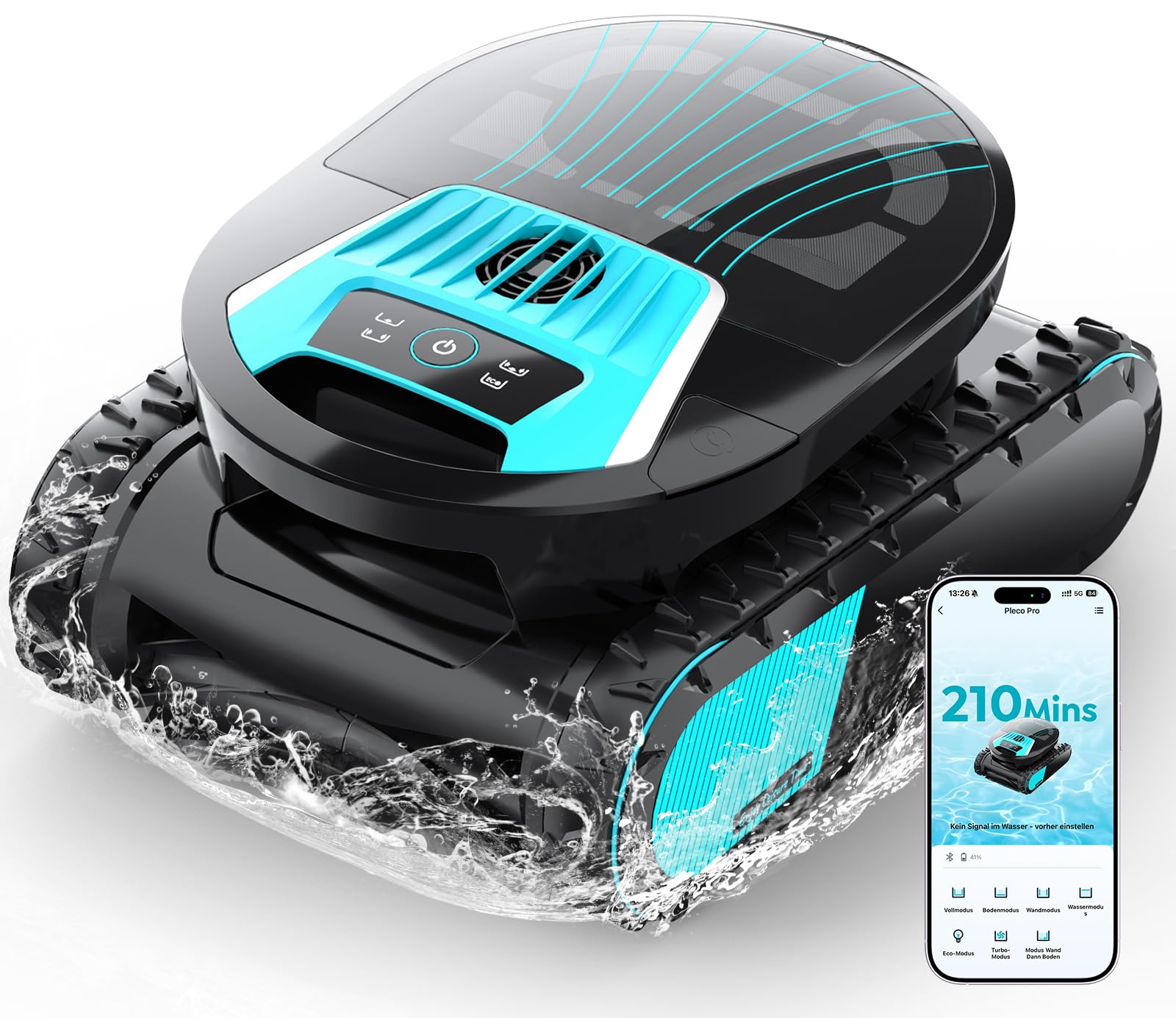 Pleco Pro Robot Limpiafondos Piscina, Autonomía 210 Min, Doble Filtro, 7 Modos, Control App, Limpiafondos Piscina Automático, 200 m²,Ónix