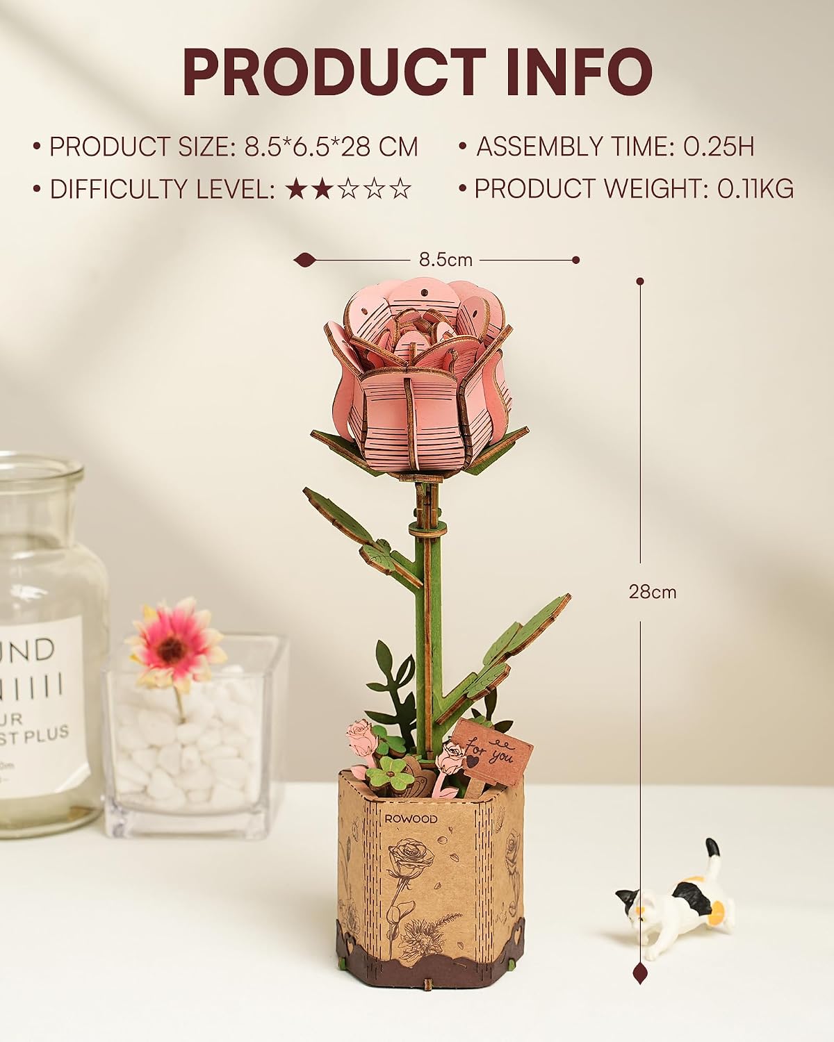 Product information diagram showing the assembled dimensions of the Pink Rose 3D Wooden Puzzle Kit, assembly time, difficulty, and weight.