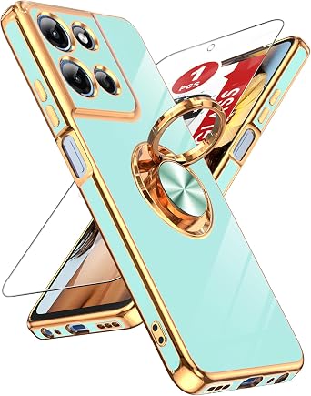 LeYi for Moto-G-5G-2025 Case Not Fit G Power 2025 1 Pack Tempered Glass Screen Protector and 360 Rotatable Ring Holder Magnetic Kickstand, Plating Rose Gold Edge Case, Mint