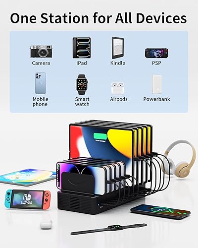 Miniatura 3 de Estación de carga de 80 W para múltiples dispositivos, estación de carga rápida USB de 10 puertos con divisores ajustables y 10 cables, base de