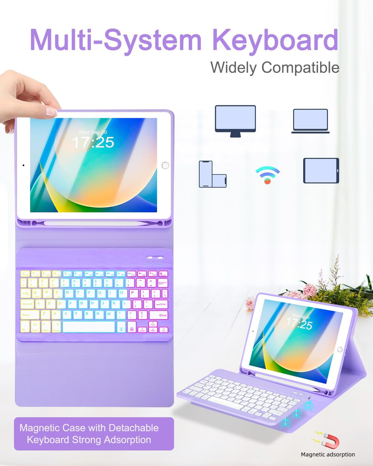 EAMPANG Case with Keyboard Mouse for iPad 9th 8th 7th Generation 10.2 inch,7 Color Rainbow Backlight Detachable USB-C Keyboard Magnetic Case with Pen Slot for iPad Air 3rd Gen/Pro 10.5 Purple