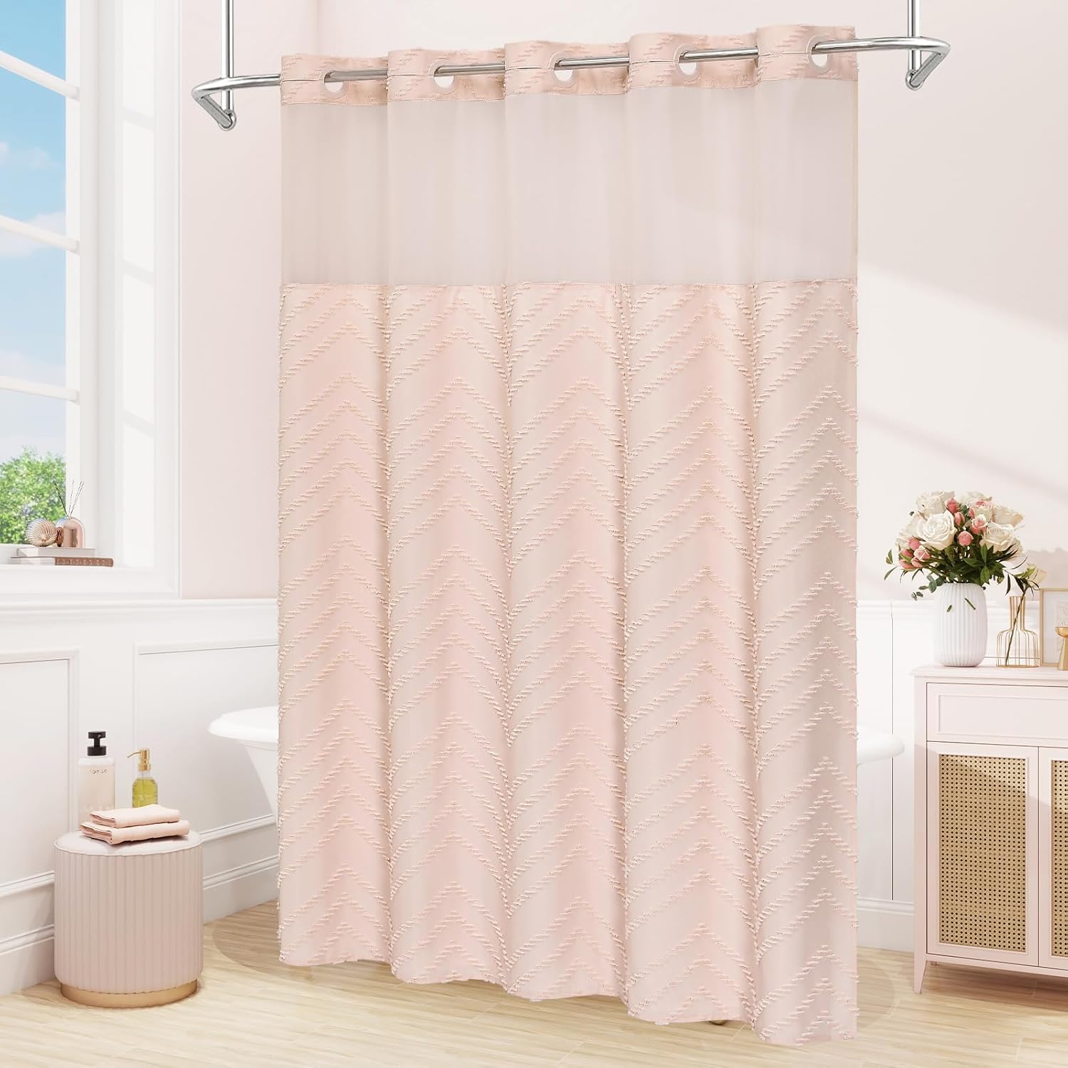 No Hooks Extra Long Shower Curtain with Snap-in Liner, Light Pink Fabric Tufted Striped Textured Large Modern Farmhouse Shower Curtain for Bathroom, 72 x 86