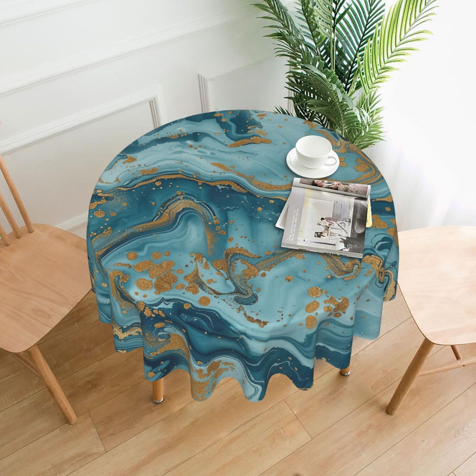 WPKJU Azurite Teal and Foil Gold Oil Marble Pattern Printed Round Tablecloth 60 in Water Resistant Table Cover Washable Table Cloth for Dining Tables
