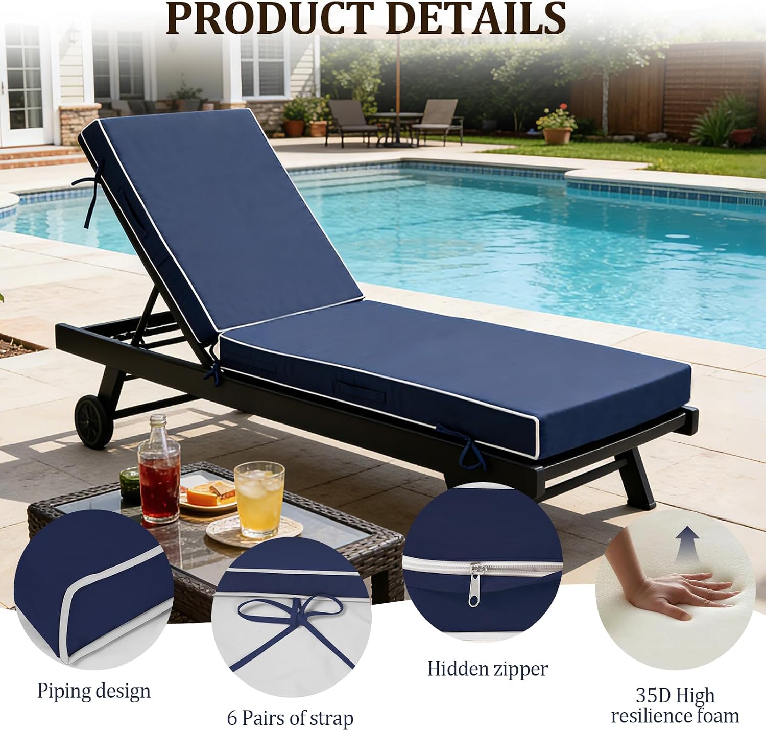 80x26x4in Lounge Cushions for Outdoor Furniture,Outdoor Lounge Chair Cushions Set of 2, Pool Chaise Cushions for Patio Lawn, Patio Lounger Pads with Removable Cover, Navy Blue White 26xf