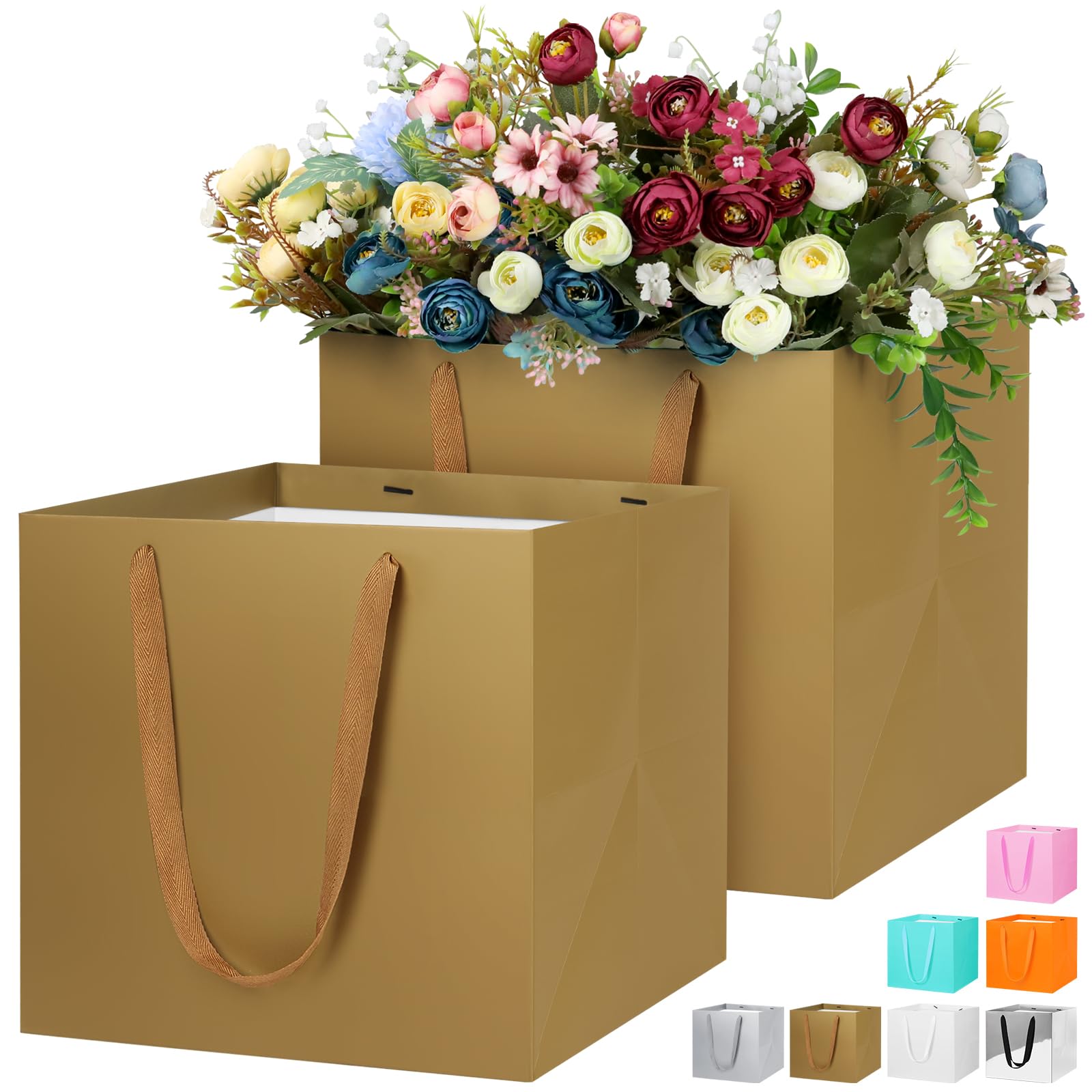 LVNRIDS 2 PCS Large Gift Bags, 11.8 inch Square Extra Large Paper Gift Bag for Presents Cake Bouquets Wedding Flower Bridesmaid Christening Graduation Birthday Party Gold — image 1