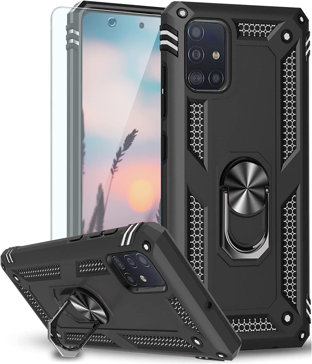 TJS Compatible with Samsung Galaxy A51 4G Case (Not Fit Galaxy A51 5G), with Tempered Glass Screen Protector Defender Metal Ring Magnetic Support Kickstand Heavy Duty Drop Protector Phone Case (Black)