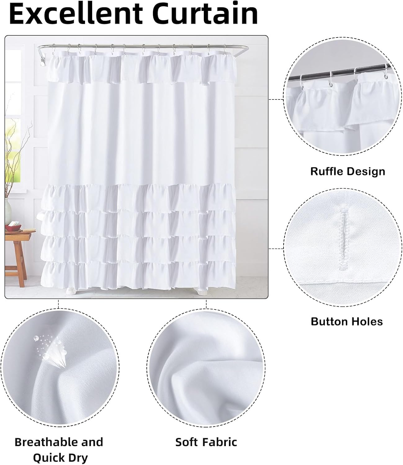 White Ruffle Farmhouse Shower Curtain, Cute Vintage Shabby Chic Fashion Textured Fabric Cloth Bathroom Curtain 72x84 Inch