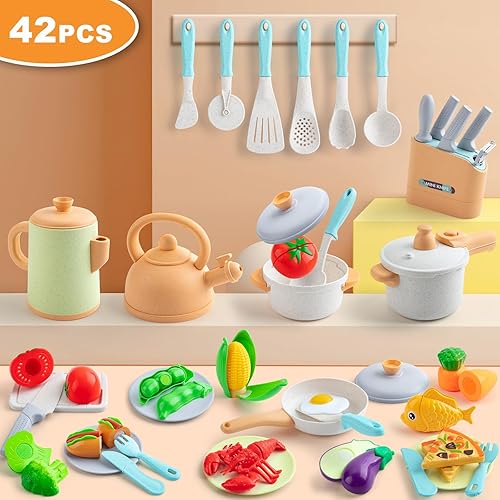 Miniatura 5 de Juego de accesorios de cocina para niños, 42 piezas de juguete de simulación para niños pequeños, juegos de cocina con ollas y sartenes a presión,