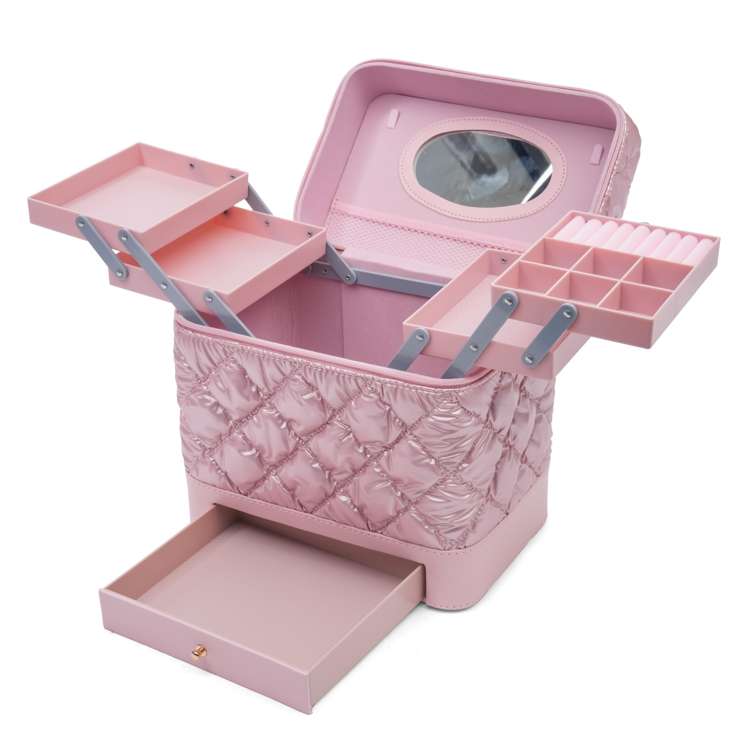 SHAMAX Big Makeup Organizer Box with Mirror, 4 Trays & Drawer Cosmetic Vanity Case Portable Cosmetic Organizer Spacious Vanity, Travel and Storage (Pink) 1