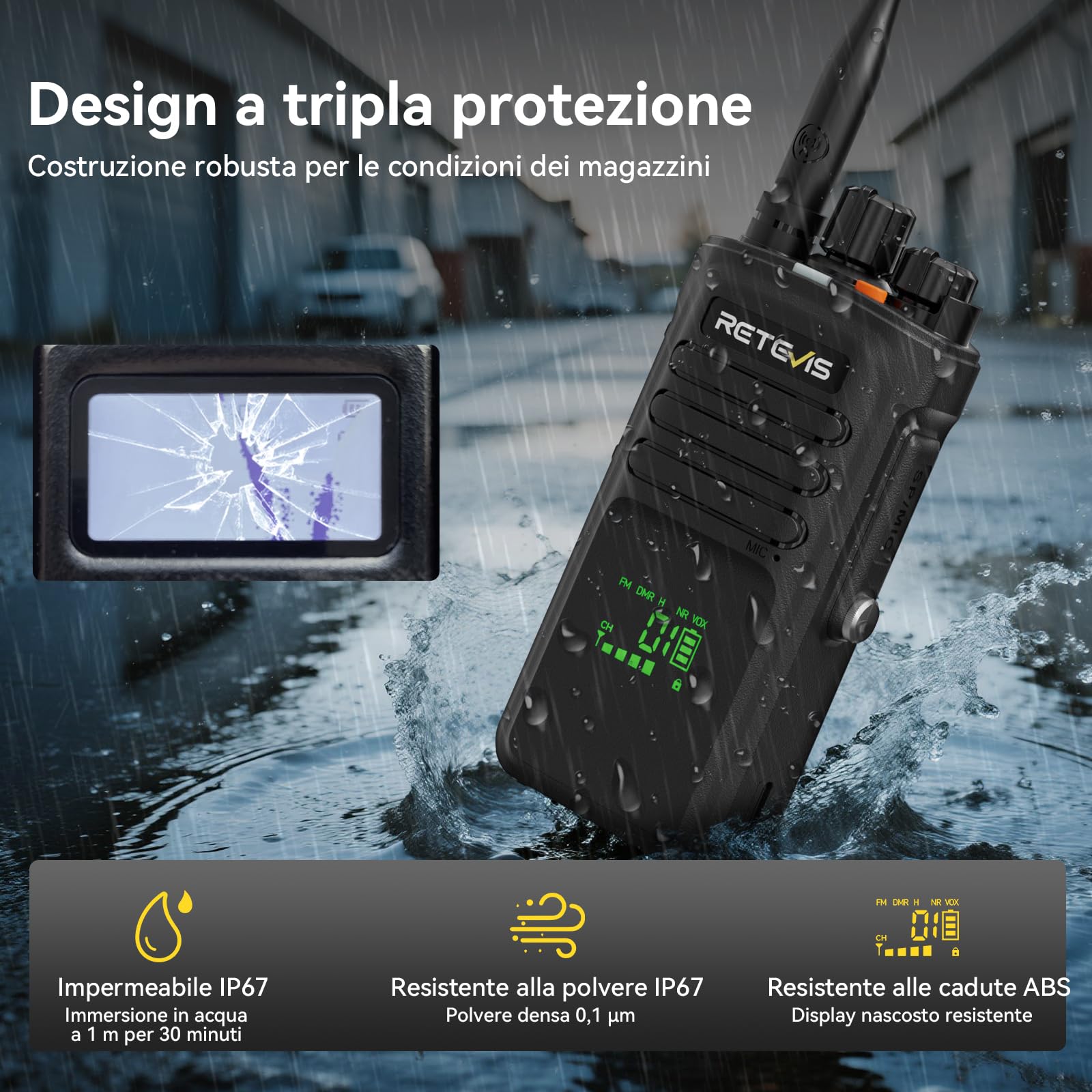 Retevis NR40 Ricetrasmittente DMR, Walkie Talkie IP67 Impermeabile | 2800mAh, Resistenza agli Urti, Audio Chiaro, per Edilizia e Fabbriche, Nero, 2 Pezzi
