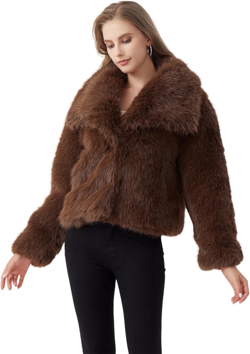 GRAN ORIENTE Womens Faux Fur Coats 2025 Winter Trendy,Winter Fuzzy Large Turndown Lapel Fluffy Cropped Jacket Outerwear - Image 2