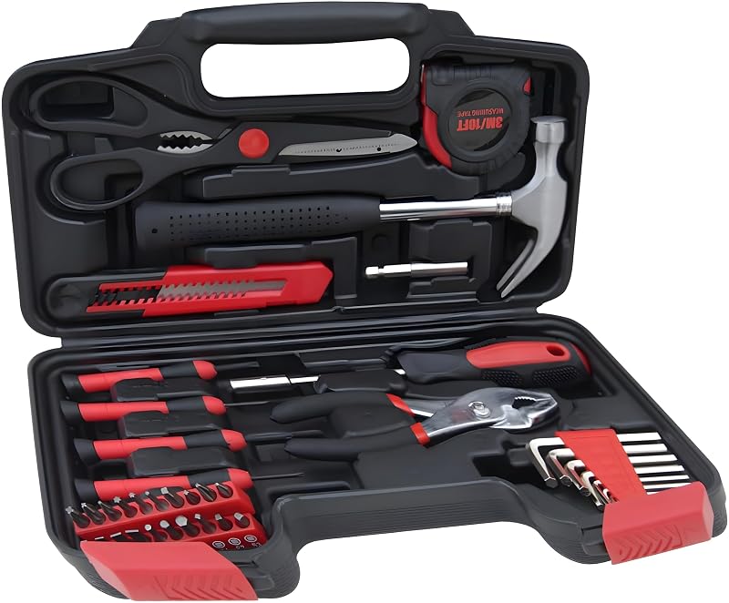 Kit de Ferramentas para Casa Hantinstom com Martelo, Chaves de Precisão, Alicate e Fita Métrica, 39 Peças Vermelho tool-39red