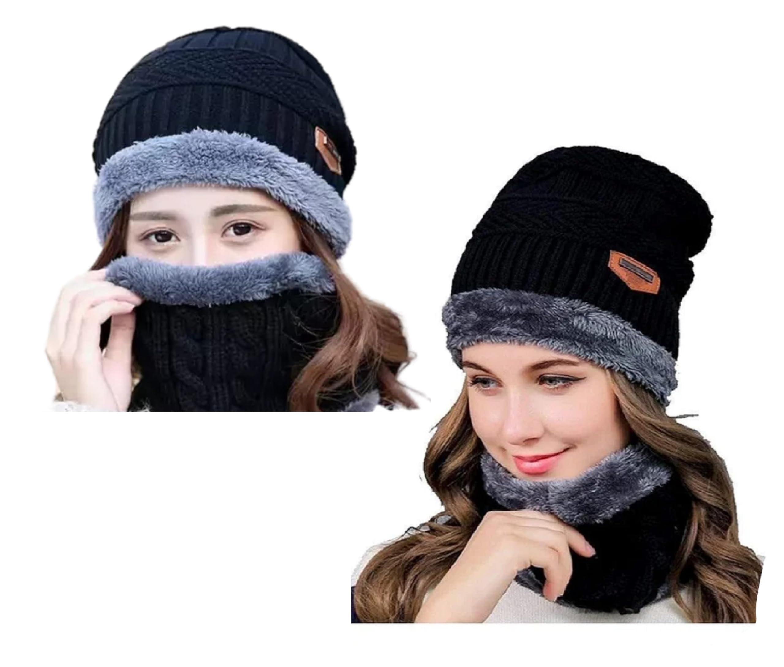 MopslikWarm Winter Woolen Beanie Cap with Face Cover Face and Neck Warmer for Women(Black)