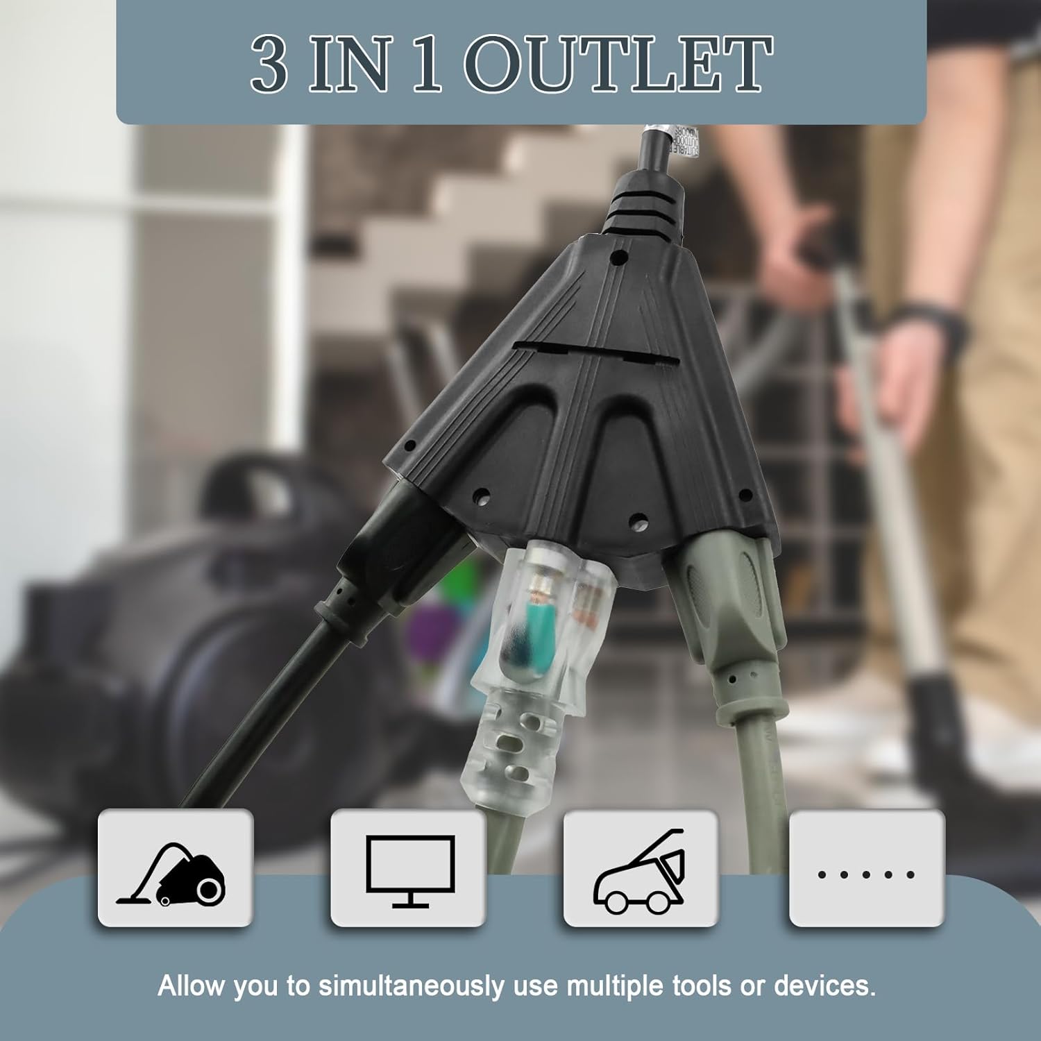 6 Ft Outdoor Extension Cord with 3 Electrical Power Outlets - 16/3 SJTW Long-Lasting Black Cable with 3 Prong Grounded Plug