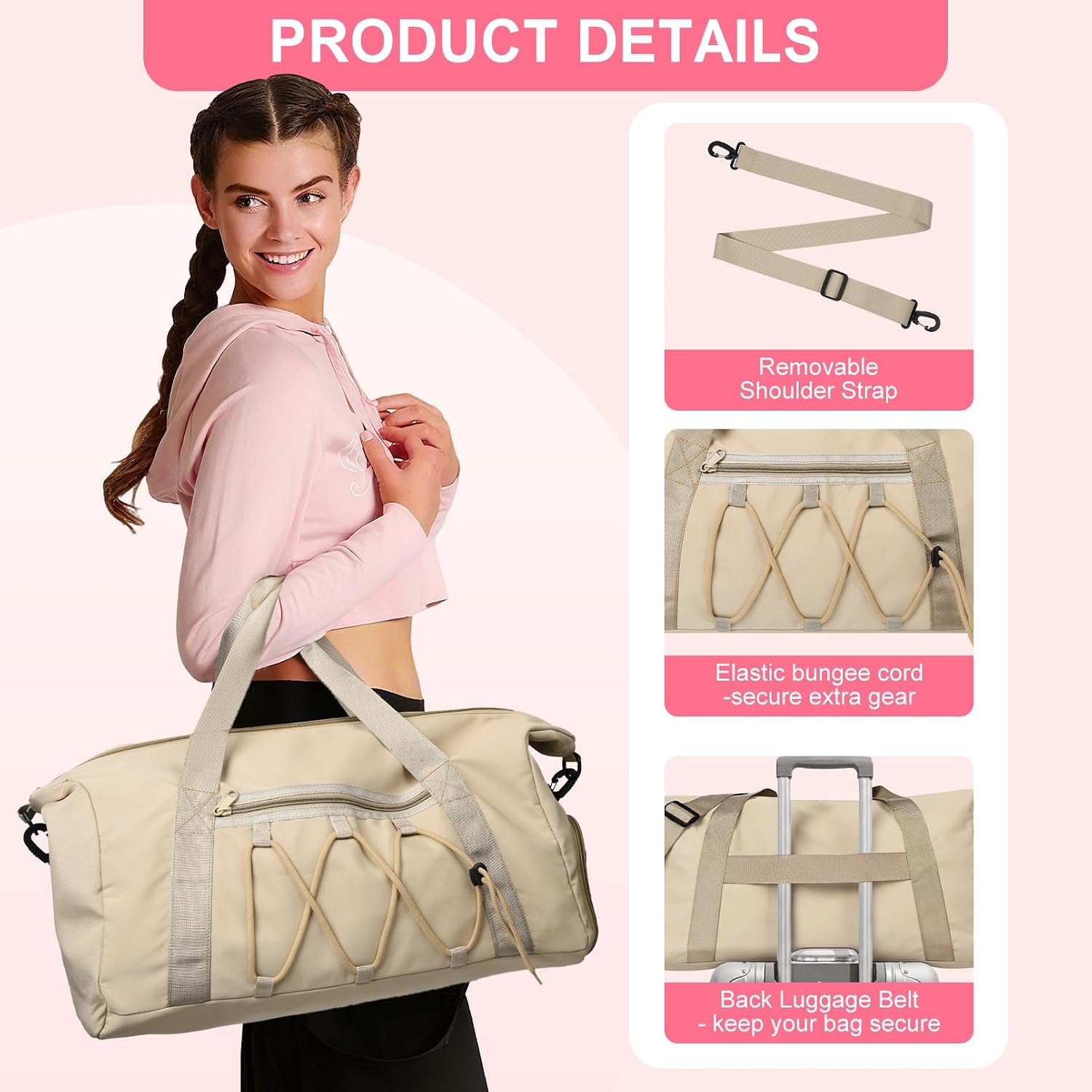 Travel Duffel Bag 26L, Carry On Weekender Overnight Bag with Shoe Compartment & Wet Pocket, Lightweight Gym Sports Bag for Women Men, Airplane Friendly Personal Item Bag - Khaki