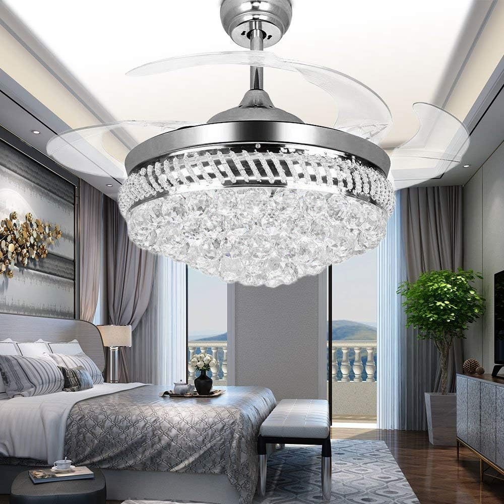 RS Lighting The Invisible Ceiling Fans Art Decoration K9 Crystal-42 inch Retractable Blades Ceiling Fan with Remote and Lights-for Indoor Outdoor Living, Dining Room (42 Inch, Silver-01)