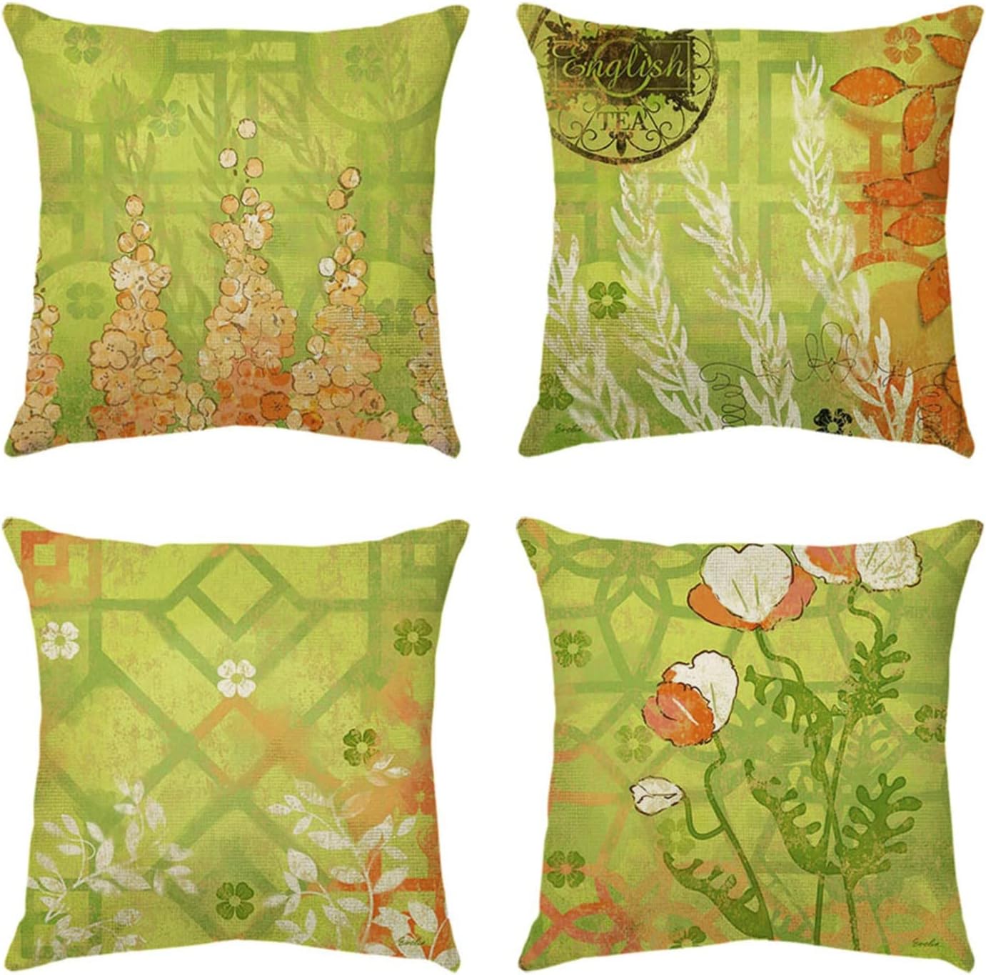 Memyme Set of 4 Geometric Green Pattern Throw Pillow Covers,Small Orange Flowers Cushion Case Home Decor,for Sofa,Couch,Bed,Car 18”×18”